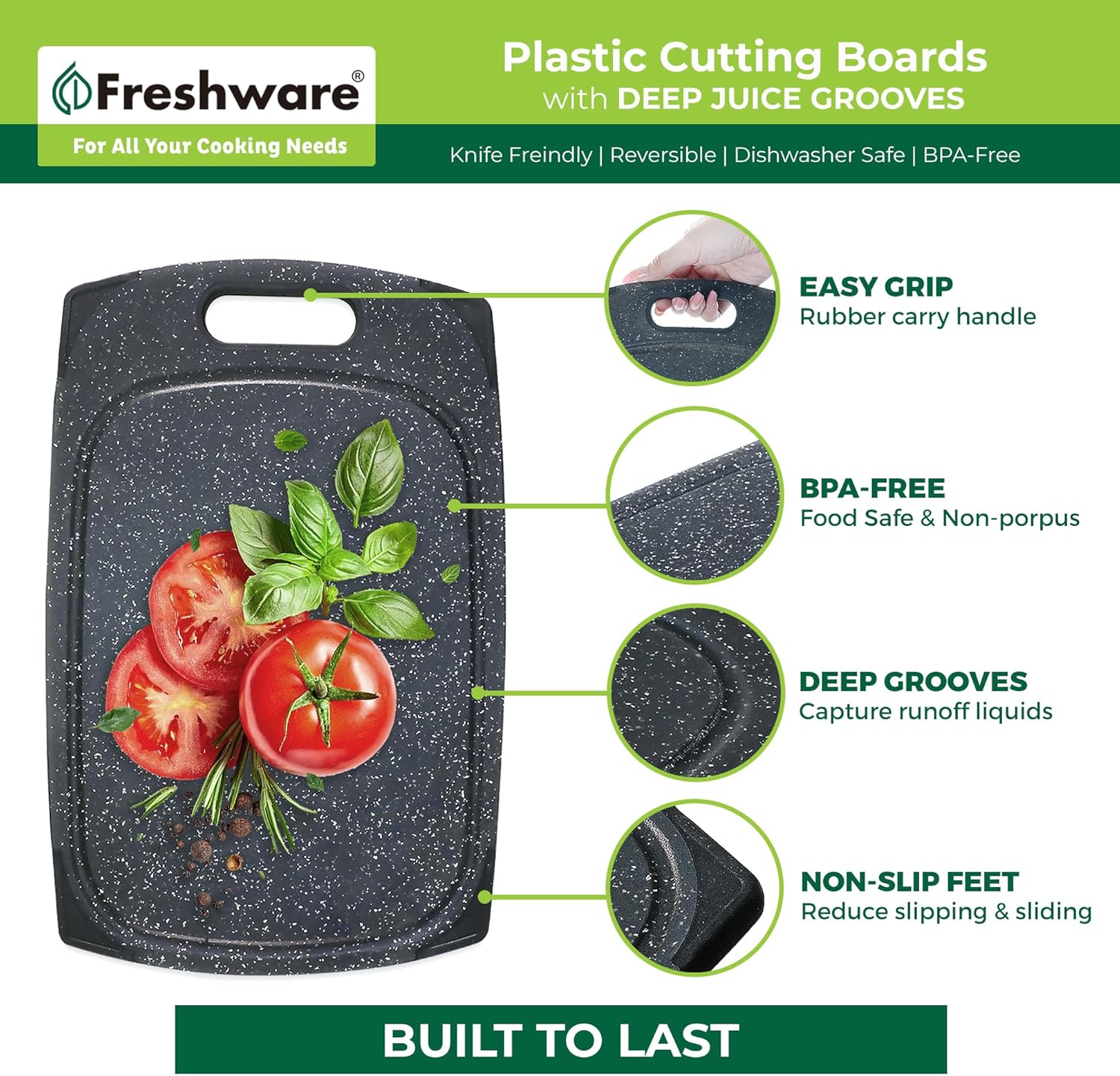 Juego de 3 tablas de cortar de plástico para cocina, ranuras para jugos con mango de fácil agarre, sin BPA, no porosas, aptas para lavavajillas,