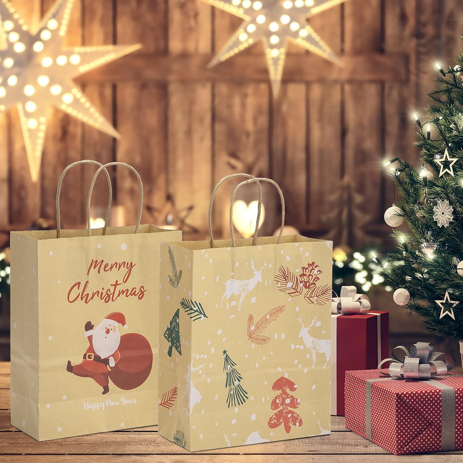 50 bolsas de papel de Navidad de 7.2 x 3.2 x 8.8 pulgadas, bolsas de regalo medianas para fiestas, bolsas de regalo de Navidad, bolsas de regalos de
