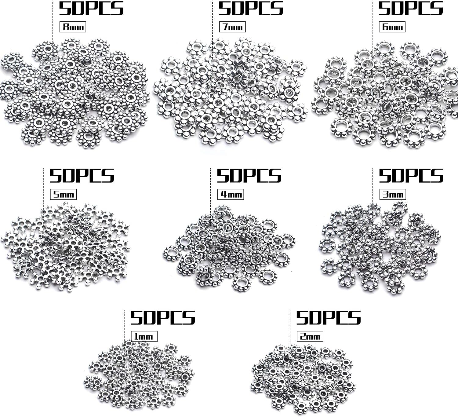 Cuentas espaciadoras de copo de nieve, 400 cuentas espaciadoras de copo de nieve de plata tibetana, cuentas espaciadoras de margaritas surtidas,