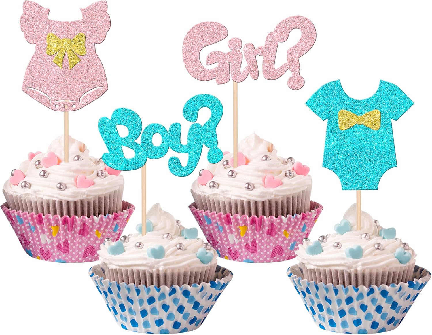 24 adornos de papel para tartas para niños o niñas con falda de lazo con purpurina, para baby shower, cumpleaños y decoración de fiesta de