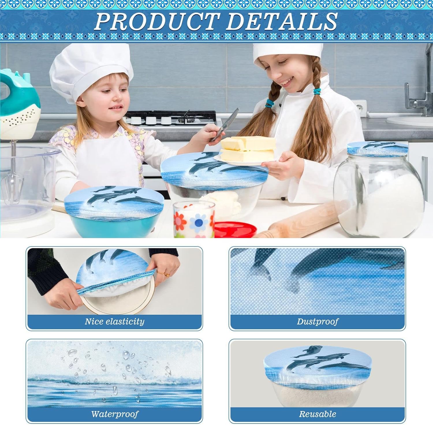 Sea Dolphins – 5 tapas elásticas de tela reutilizables para tazones, tazas, platos, ollas y sartenes