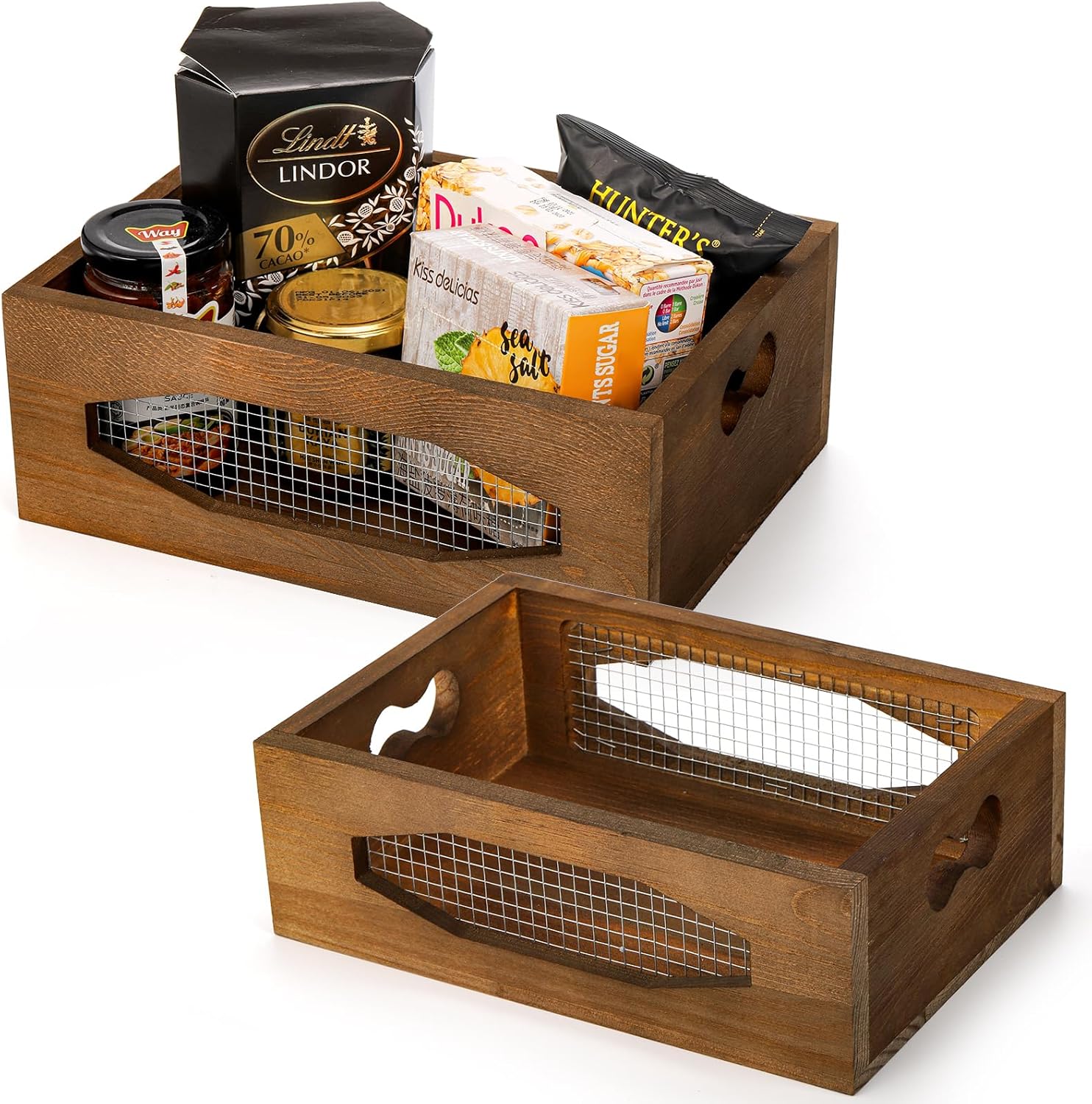 Okllen Juego de 2 cestas de madera anidables para encimera, caja de almacenamiento decorativa de madera rústica con asas recortadas para pan,