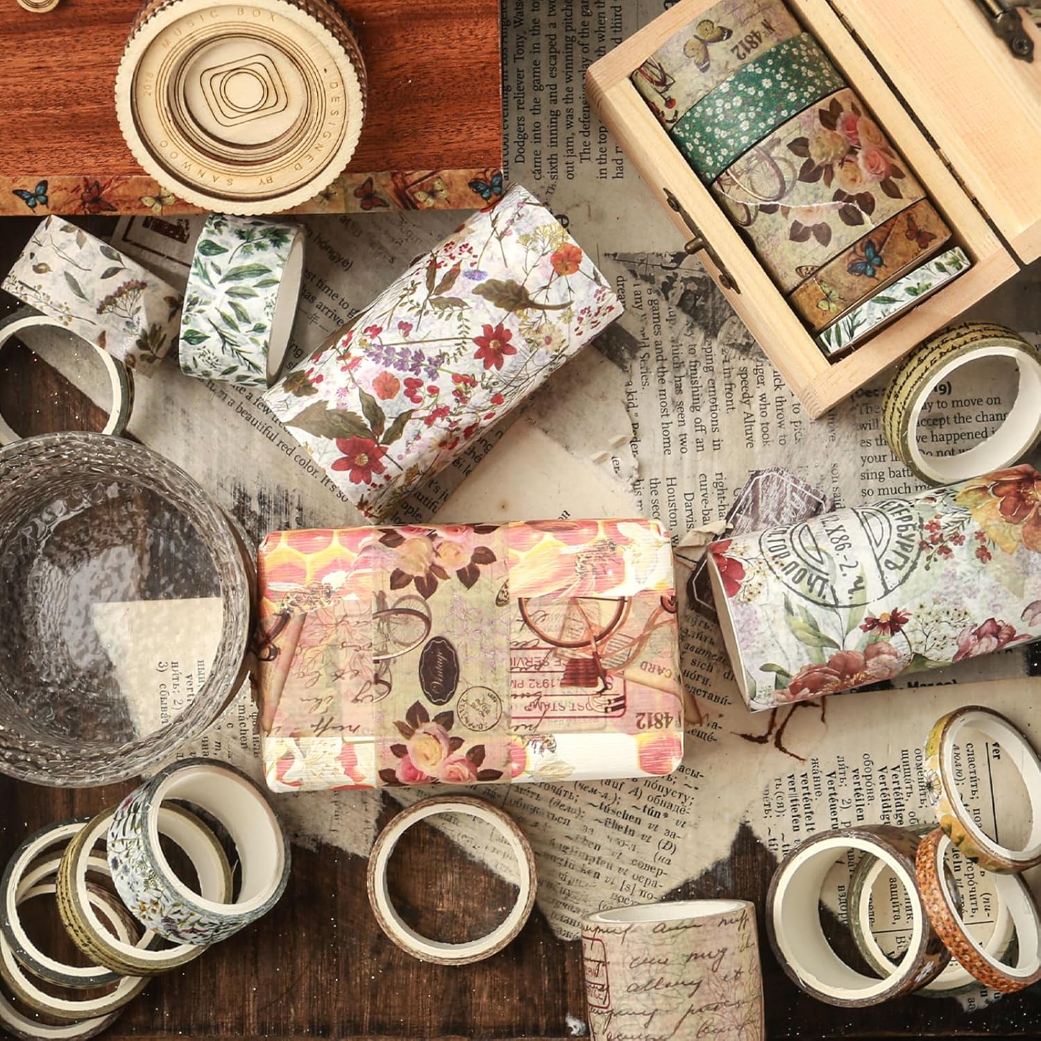 Koogel Juego de 32 rollos de cinta washi vintage de varios tamaños, cintas decorativas estéticas con fuerte adherencia para diario, manualidades,
