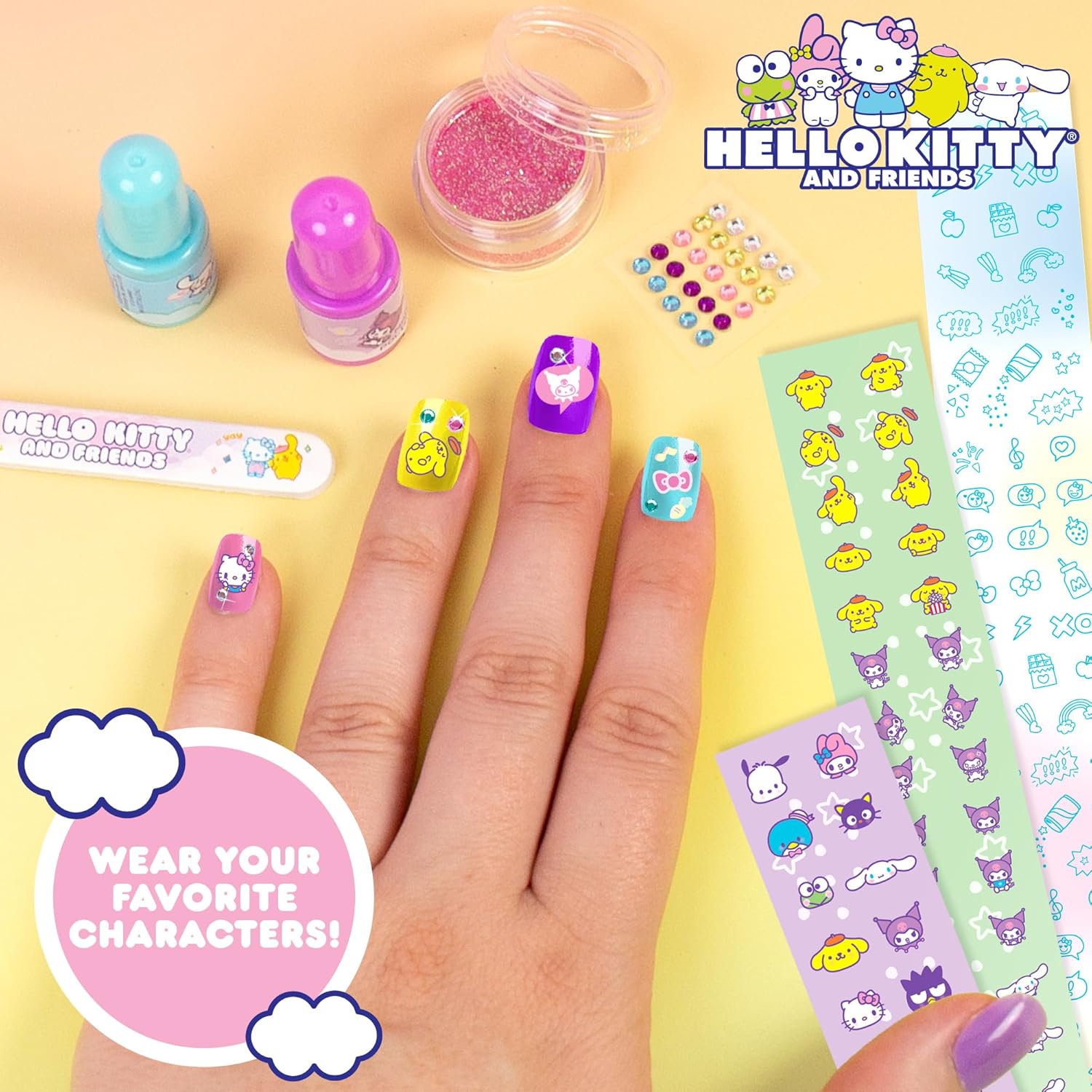 Hello Kitty and Friends – Kit de arte de uñas brillante para manualidades, uñas de Hello Kitty, juego de esmalte de uñas para niños, juego de