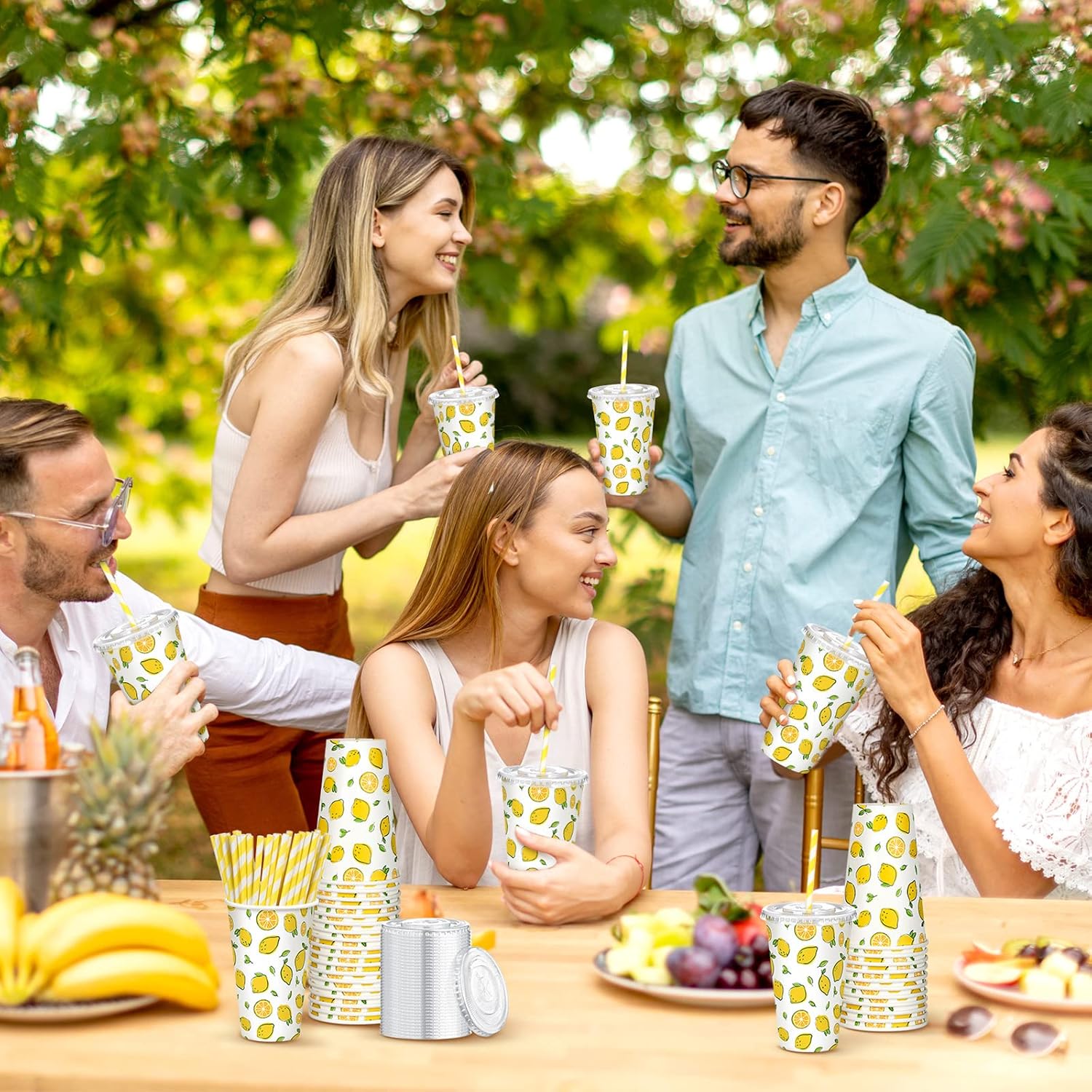 Tessco 150 piezas50 juegos de vasos de limonada con tapas y pajitas de papel, taza de papel desechable de 12 onzas para café helado, tazas de papel