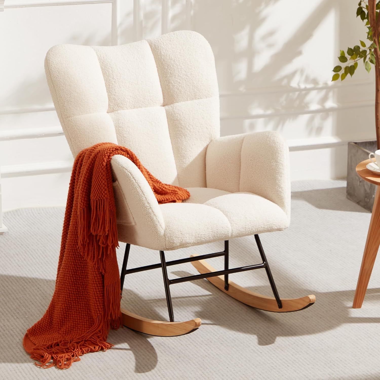 Mecedora para guardería, mecedora tapizada de peluche con respaldo alto, silla reclinable con bolsillo para dormitorio, sala de estar, oficina,
