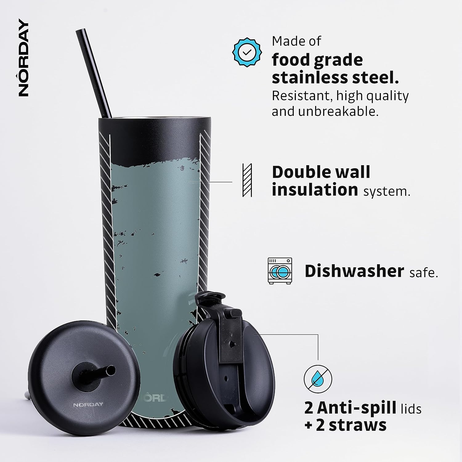 NORDAY Vaso con tapa y popote  Bloom 30oz  Vaso aislado negro  Vaso de acero inoxidable  Taza de café de doble pared  Mantiene la temperatura