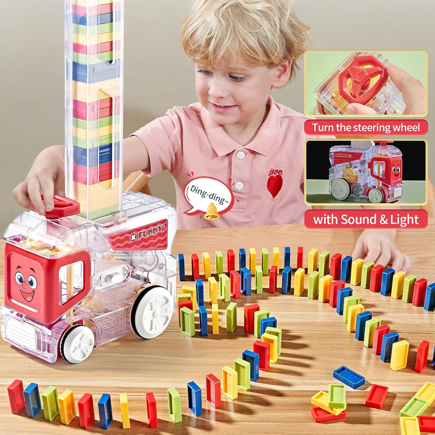 Tren de dominó automático actualizado 2024 con 180 Dominos Montessori STEM juguetes regalos para niños y niñas (rojo)