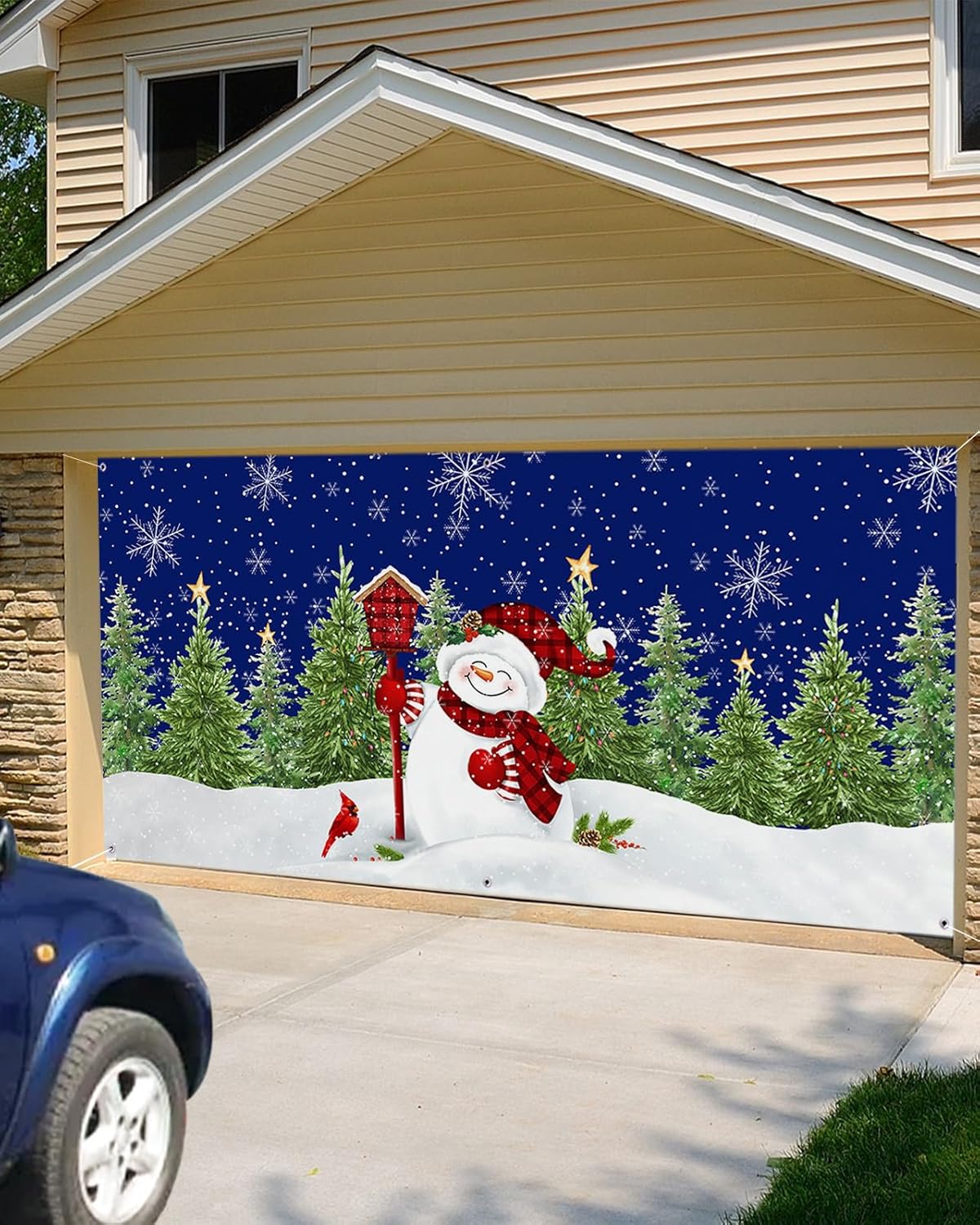 Pancarta de Navidad para puerta de garaje, 7 x 16 pies, muñeco de nieve de Navidad, árbol de Navidad, pájaro rojo, azul oscuro, decoración de puerta