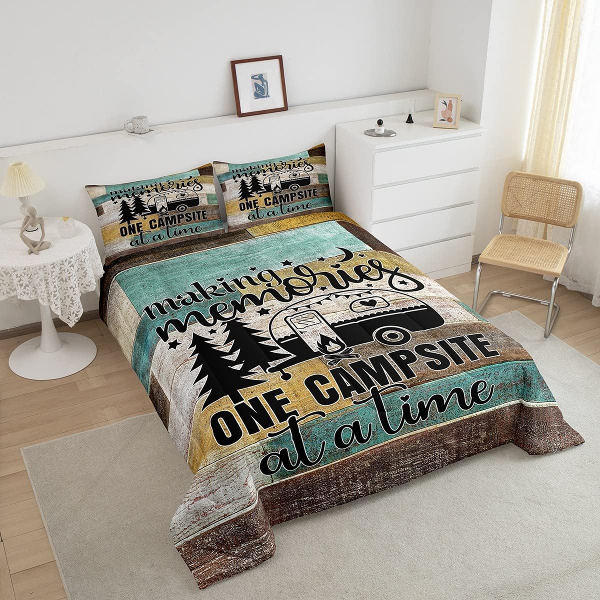 Juego de ropa de cama con temática de cámper, juego de edredón de cabaña de madera marrón y verde, tamaño matrimonial, 3 piezas, decoración de