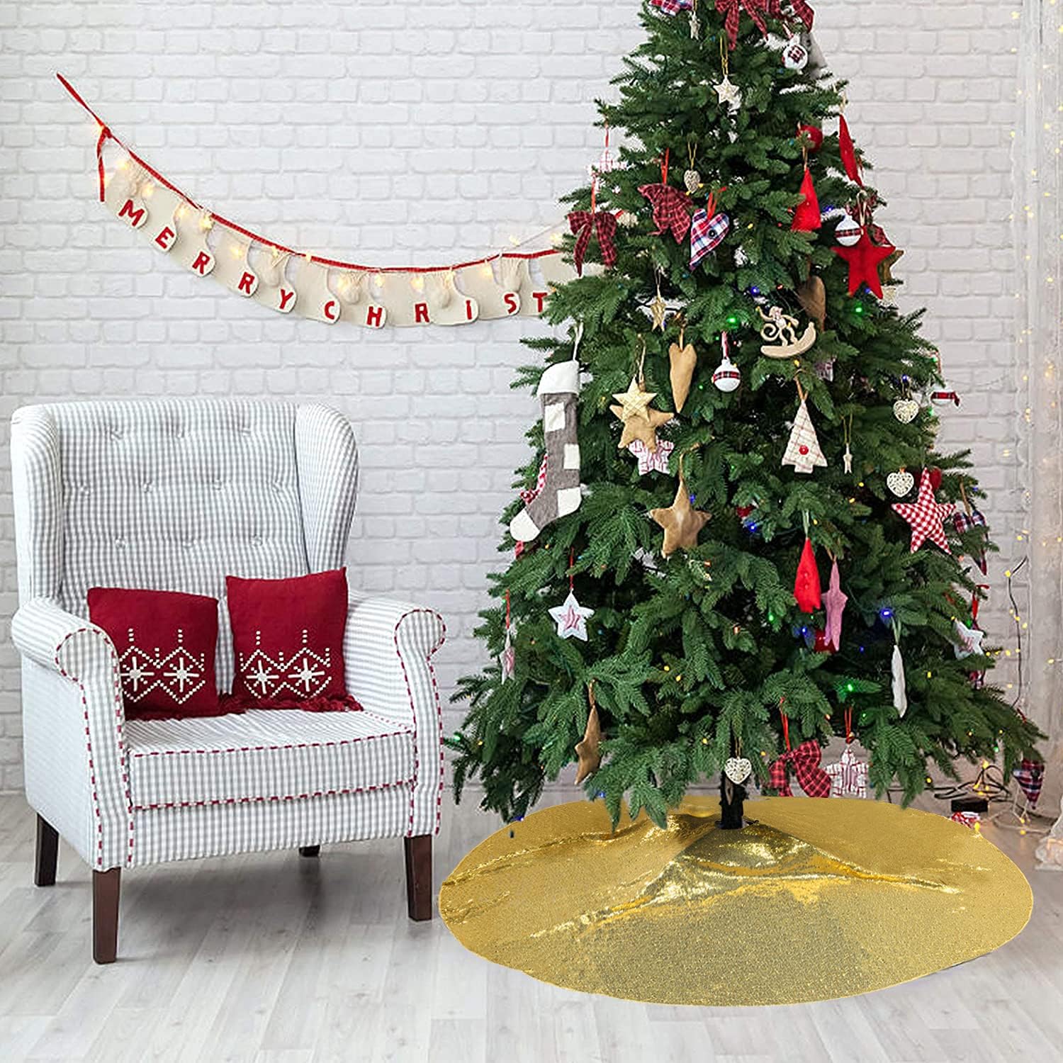 Faldón dorado para árbol de Navidad, faldas de árbol de Navidad brillantes de 50 pulgadas para decoraciones de Navidad
