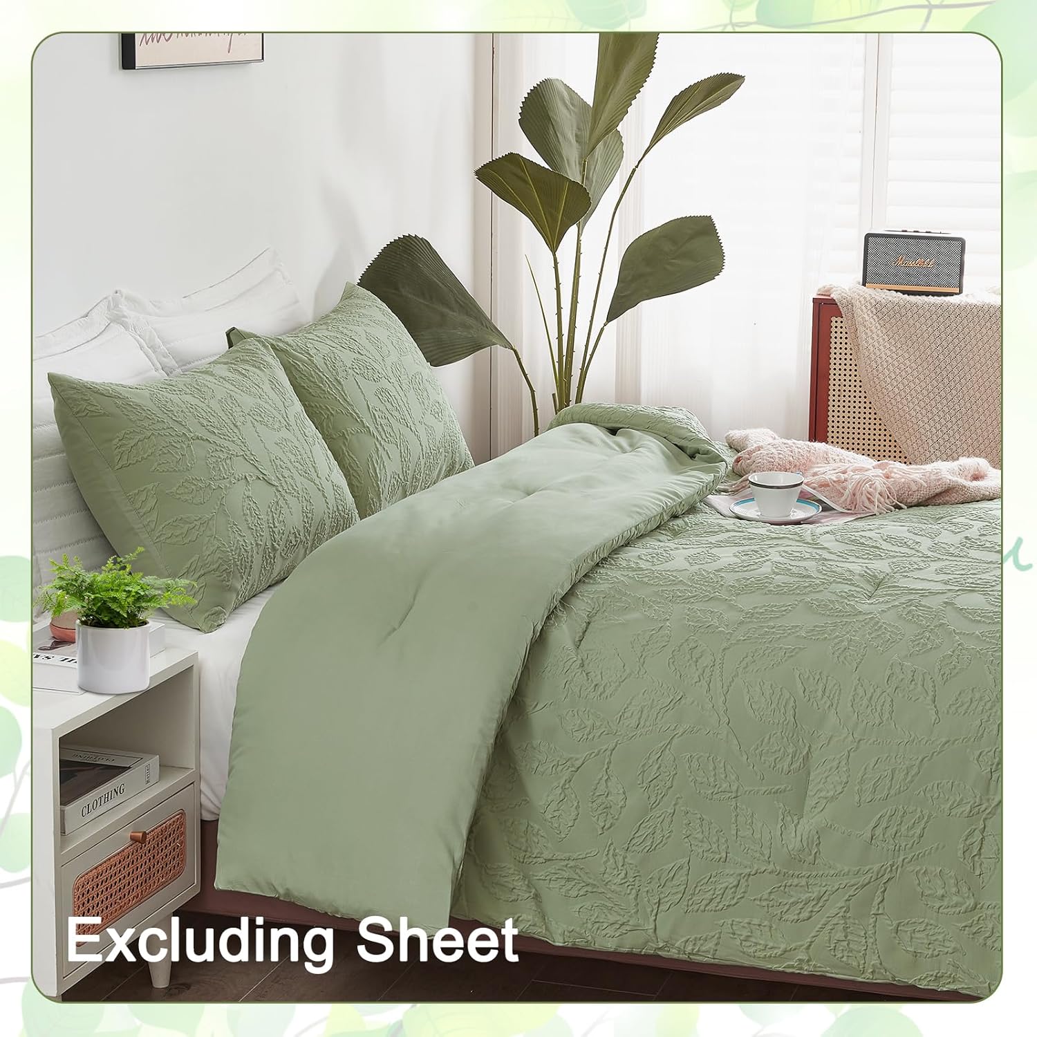 ENCOFT Edredón tamaño King, edredón verde con patrón de hojas en relieve de 3 piezas, con funda de almohada, para todas las estaciones, edredón de