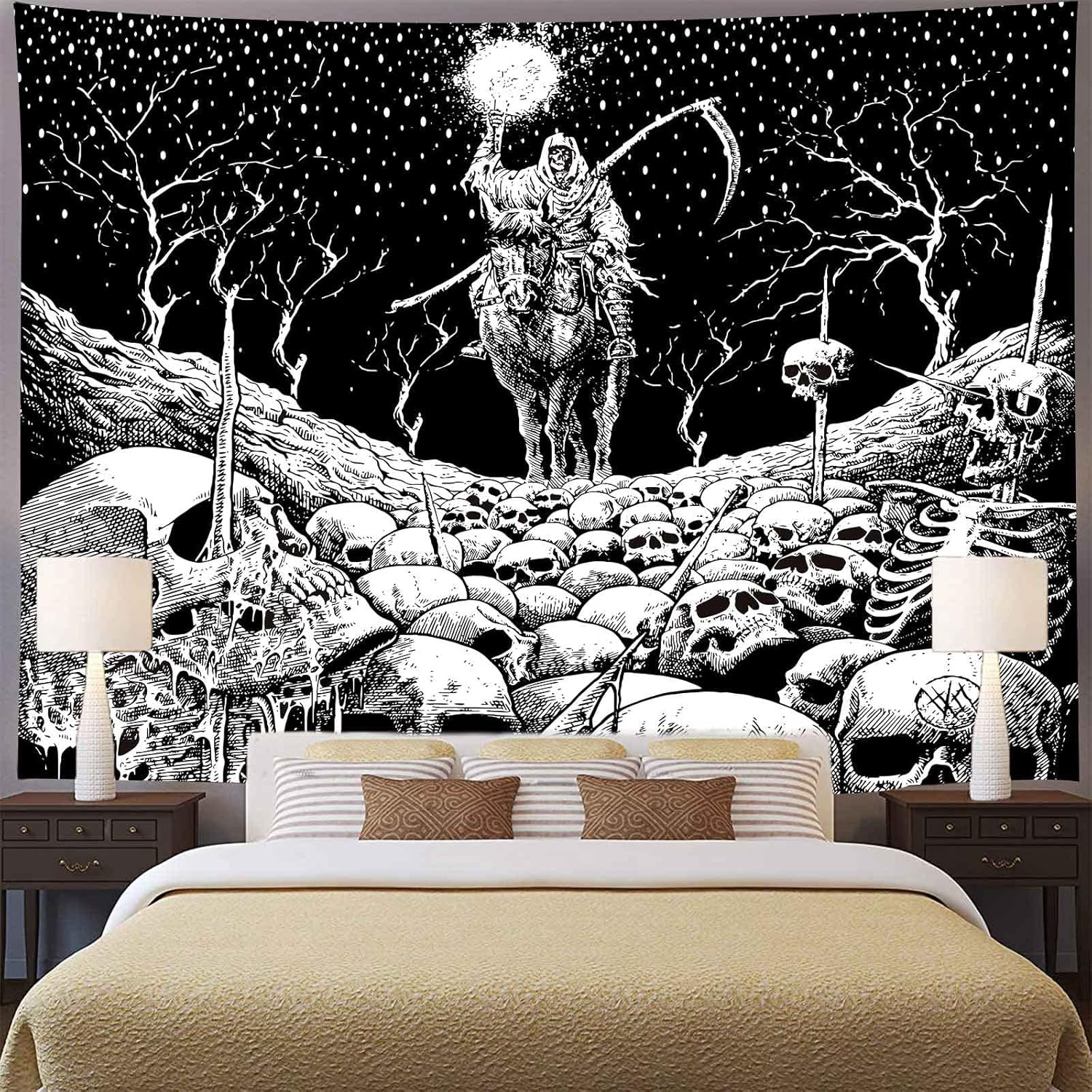 Grim Reaper – Tapiz de calavera de muerte de esqueleto para colgar en la pared de los hombres, para dormitorio, fantasía, tela de franela de 80 x 60