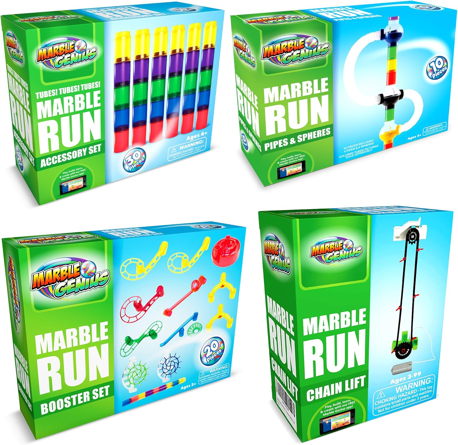 Marble Genius Paquete juego de refuerzo de carrera de mármol (20 piezas), tubos, esferas y tubos accesorio, elevación automática de cadena, crea