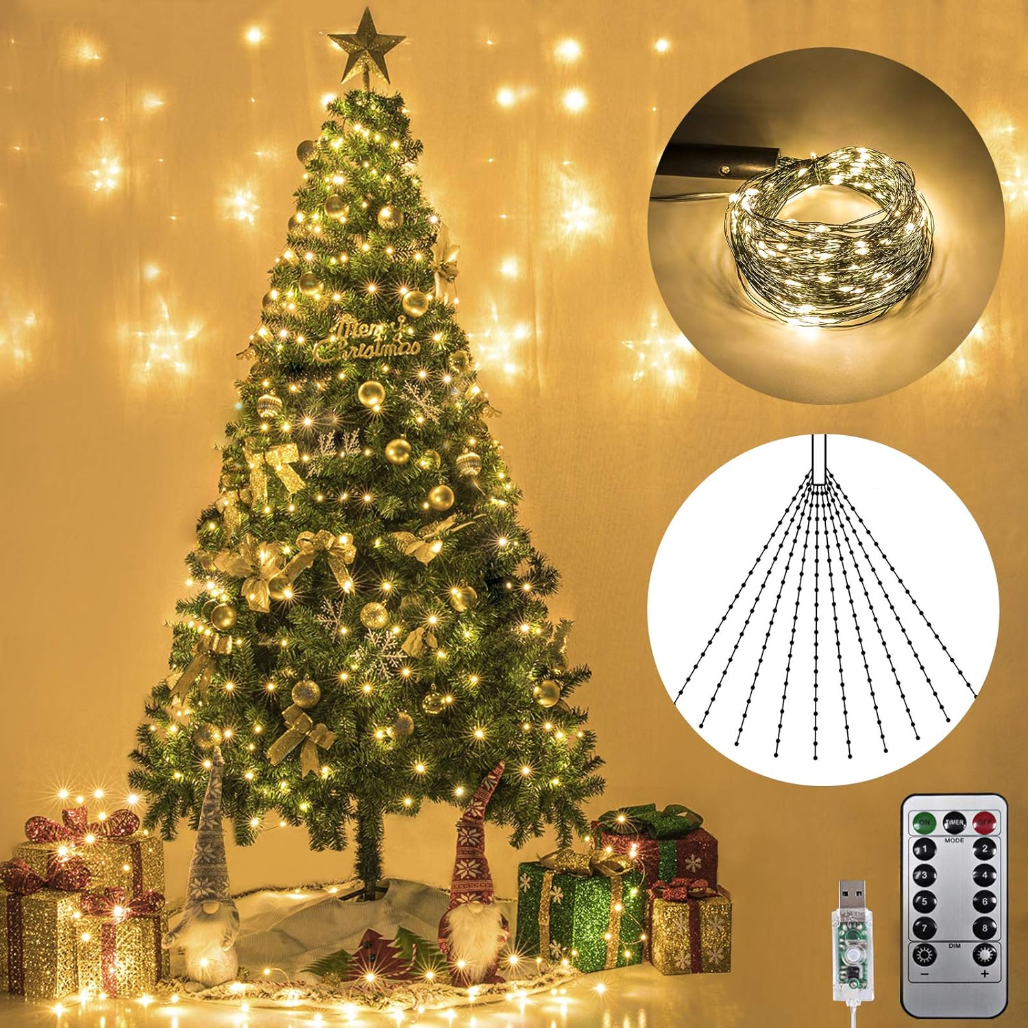 AWQ Guirnalda de 200 luces LED de 6.6 pies x 10 pulgadas para árbol de Navidad, 8 modos, guirnalda de luces LED alimentada por USB con control