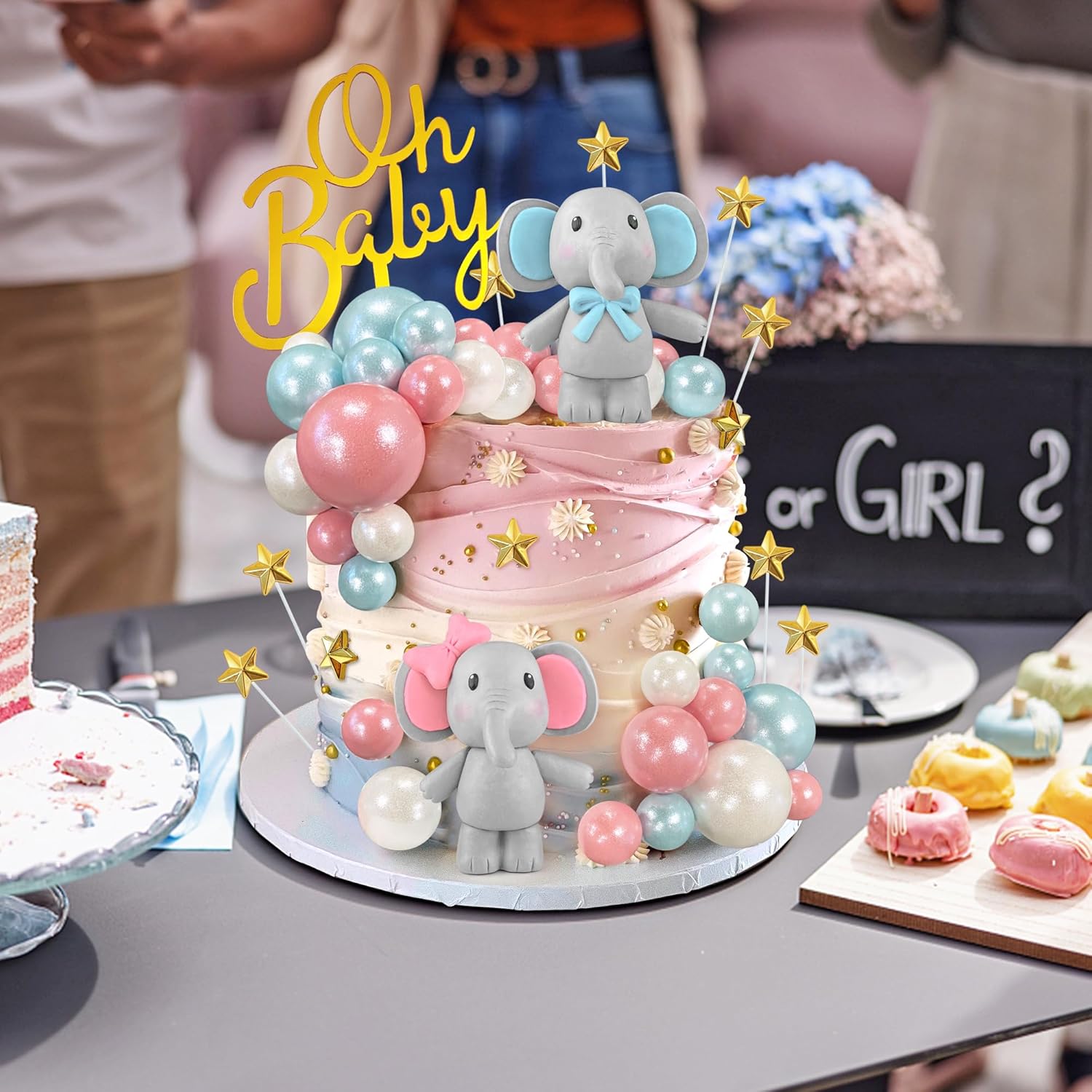 49 piezas de decoración de pastel de elefante Oh Baby Cake Topper de bolas de perlas para tartas, mini botella de leche, decoración de pastel de