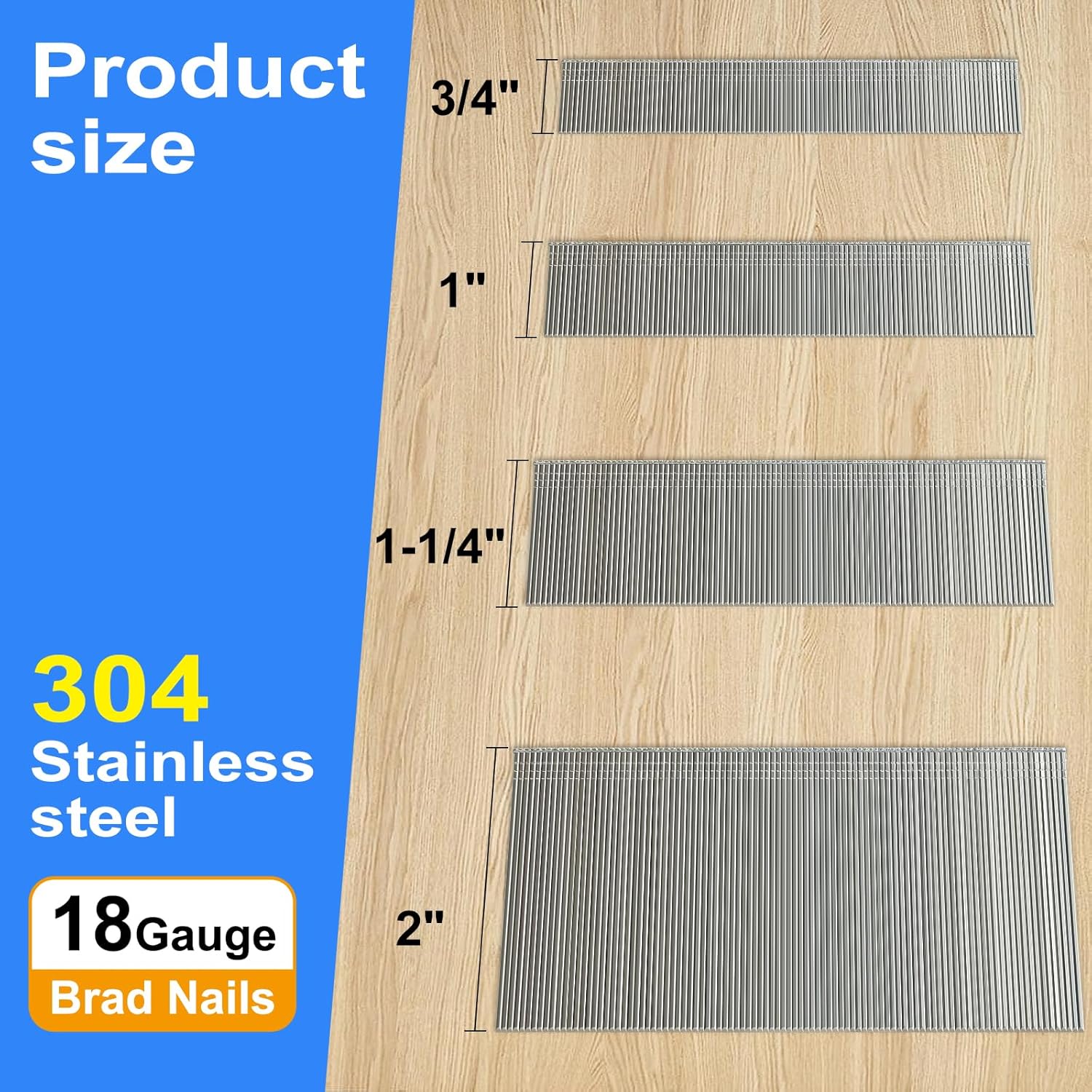 SimCos Clavos Brad de acero inoxidable calibre 18 304 (2″, 1-14″ 1″, 34″), surtido de 1200 unidades para clavadora neumática o eléctrica de 18 GA o