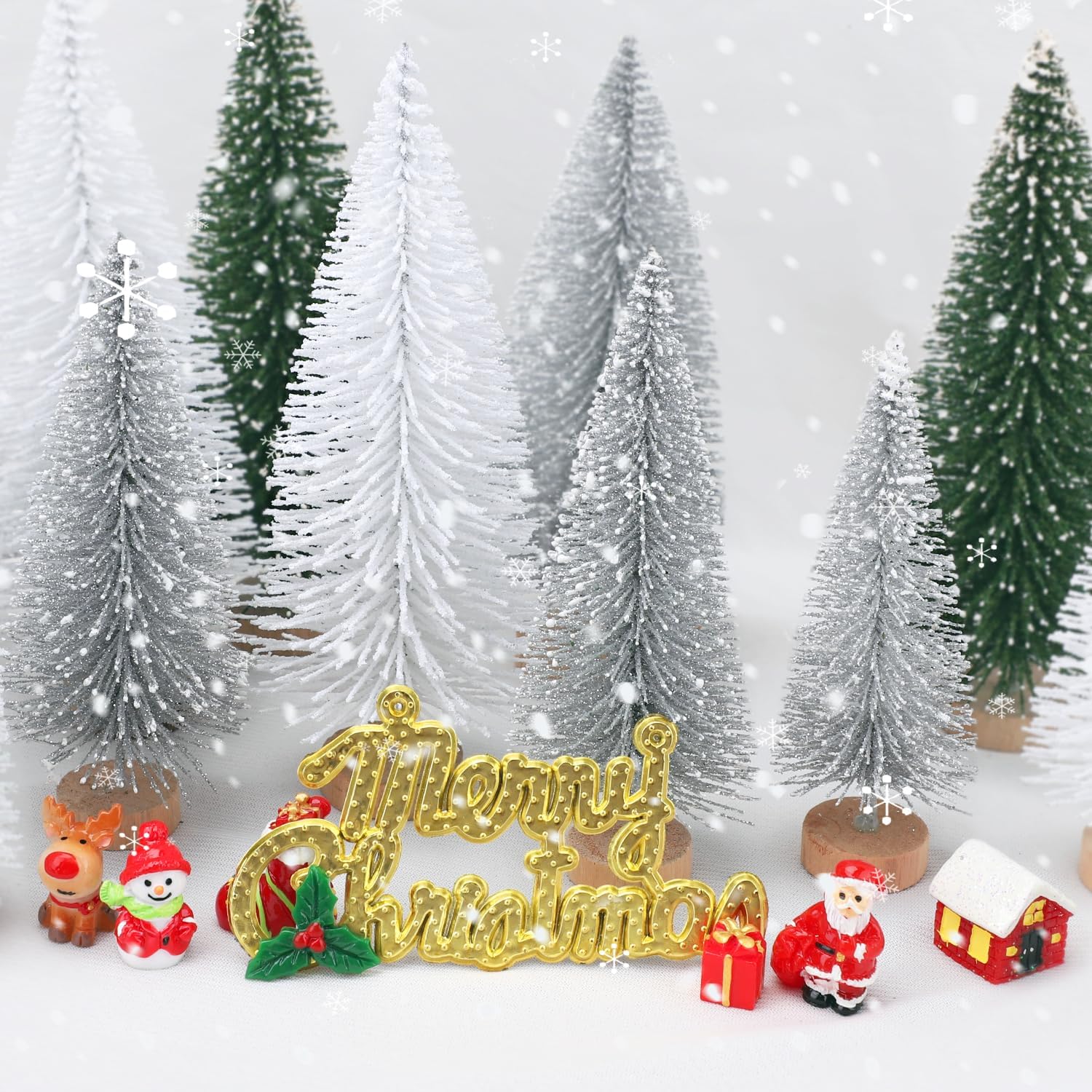 30 piezas de mini decoración de árbol de Navidad, árbol de Navidad artificial, 5 tamaños, mini árboles de escarcha de nieve de sisal con base de