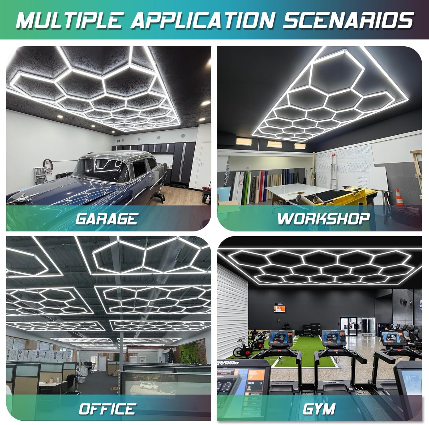 Luz LED hexagonal para garaje, 6500 K, luz hexagonal de 15 luces hexagonales con borde rectangular para garaje, taller, almacén, 60600 lúmenes,