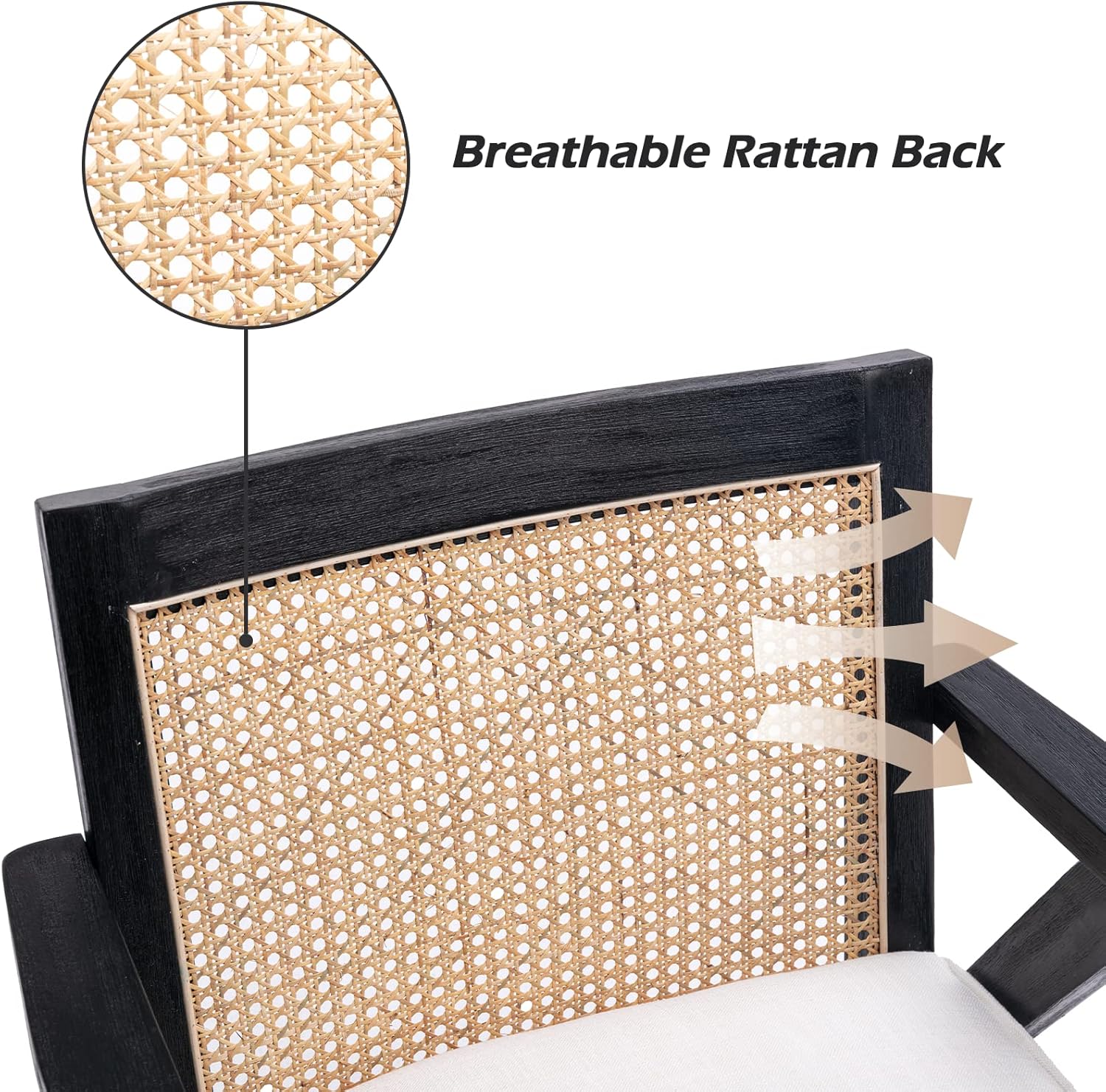chairus Silla decorativa para sala de estar, sillón tapizado de lino con respaldo de ratán transpirable y madera maciza negra, moderna y compacta