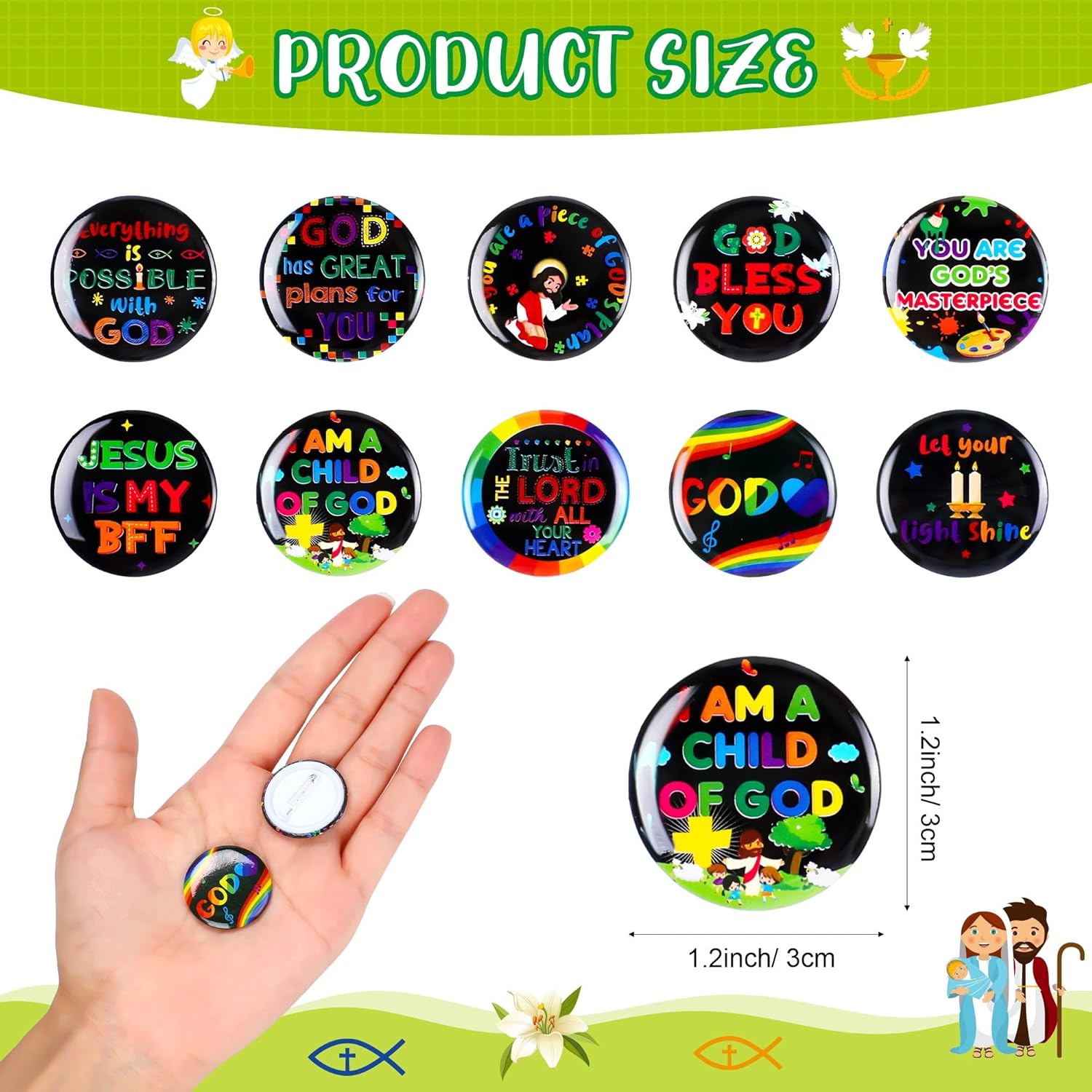 Frienda 60 pulseras religiosas con pasadores de botón Jesús te amo, pulseras cristianas de Jesús, botones de pinback para niños, regalos de fiesta