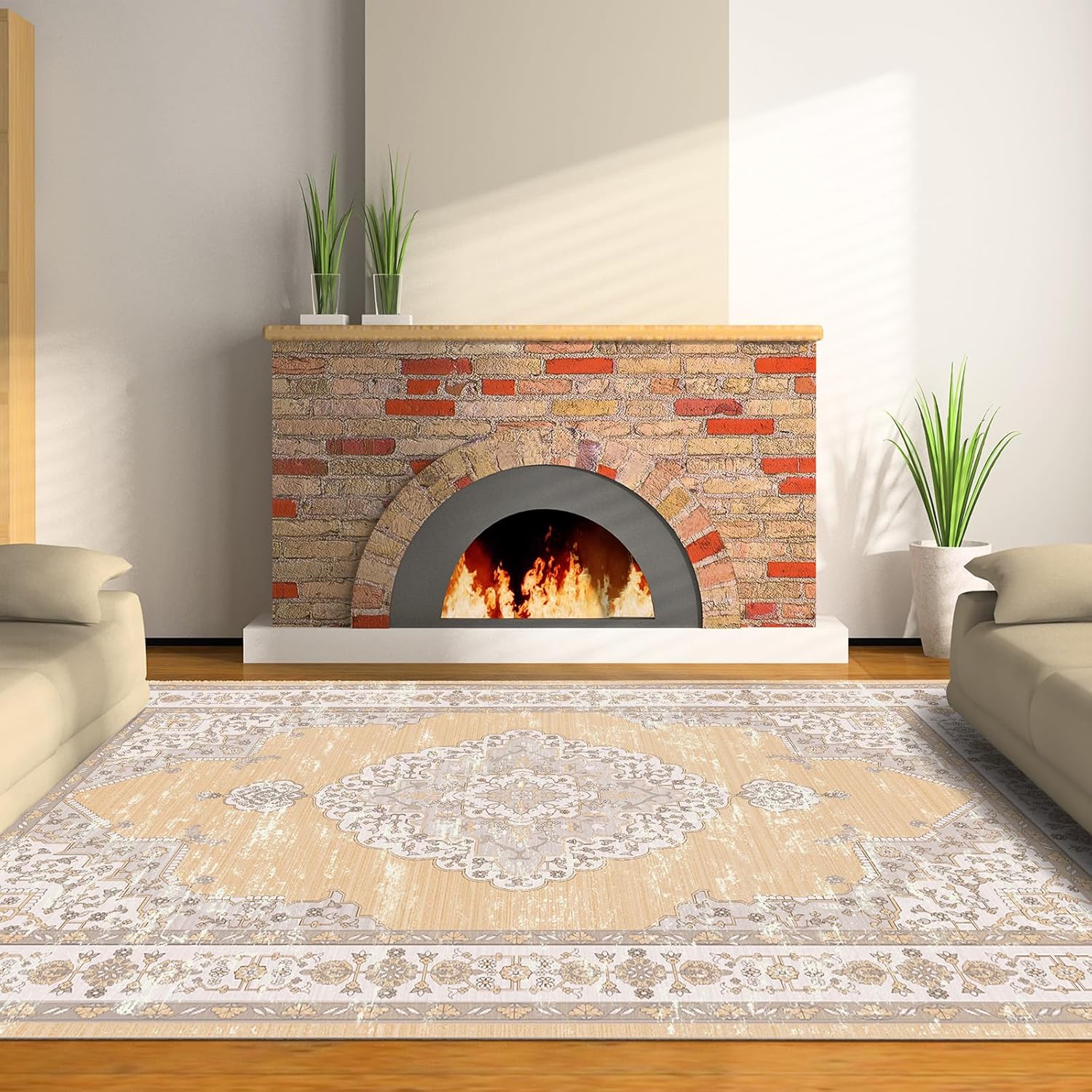 Alfombra vintage ultra fina y lavable de 9 x 12 pies, para sala de estar, alfombra de área de pelo bajo antideslizante y antideslizante, decoración