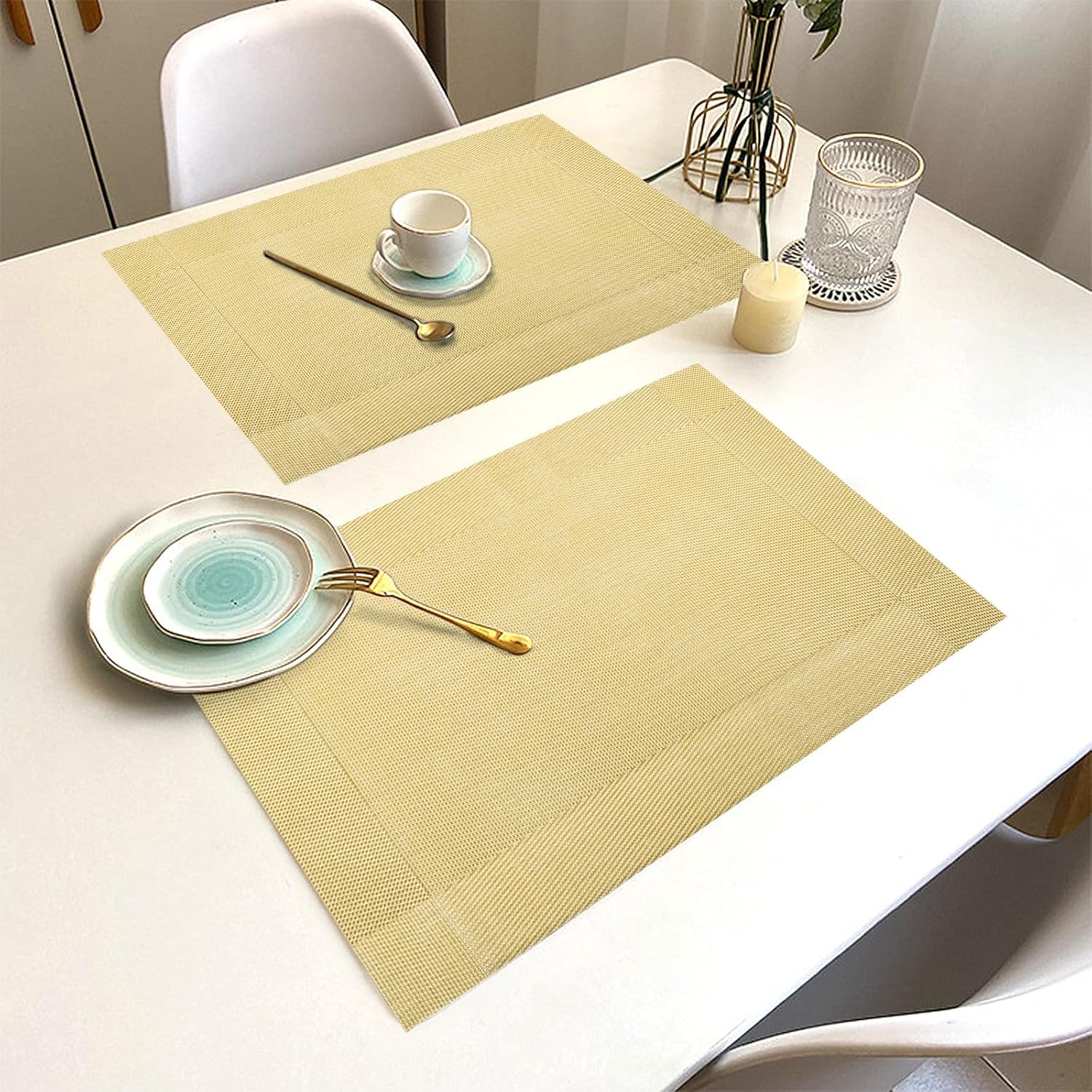 Juego de 12 manteles individuales de PVC lavables y lavables para mesa de cocina, resistentes al calor, antideslizantes, de vinilo tejido, para