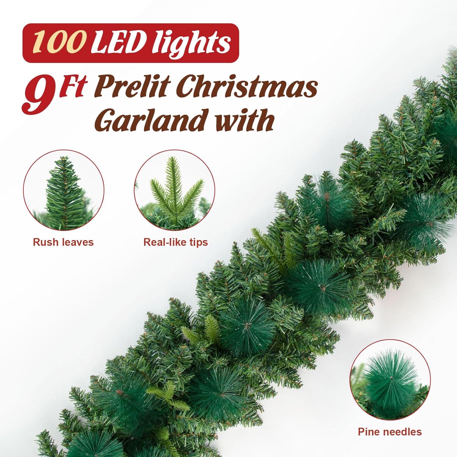 Jin&Bao Guirnalda de Navidad de 9 pies con luces, 100 luces LED, guirnalda de pino verde preiluminada, decoraciones de Navidad con temporizador, 8
