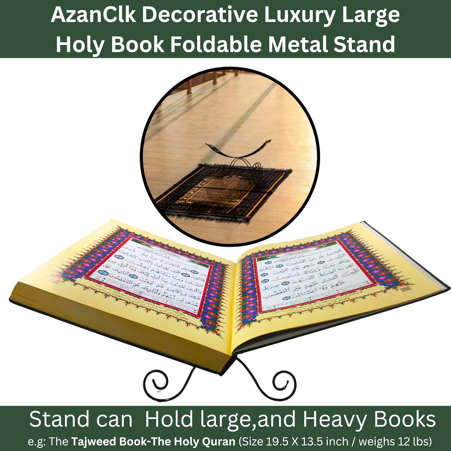 AzanClk Soporte decorativo de metal para libros de texto grandes, Biblia, Corán, Geeta y otros libros sagrados o revistas (negro)