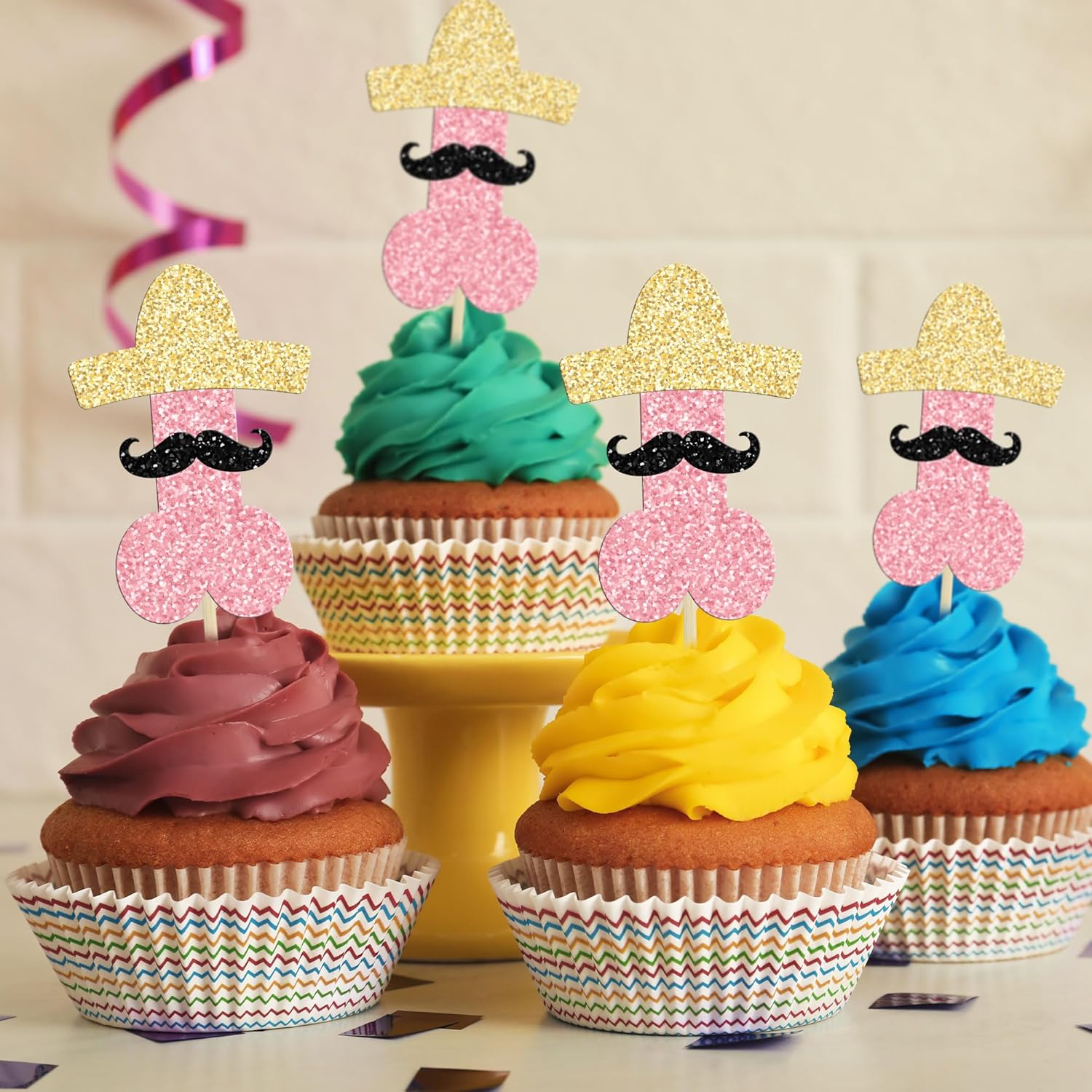 Gyufise 24 adornos para cupcakes con sombrero, barba, brillantina, para cupcakes, despedidas de soltera, decoraciones divertidas para tartas, bodas,