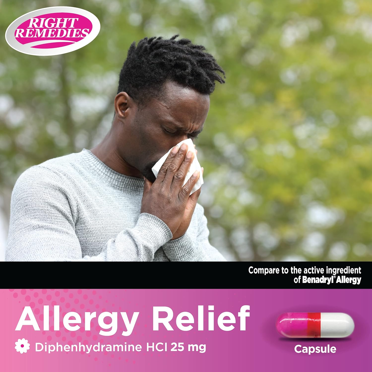 RIGHT REMEDIES Alivio de la alergia, antihistamínico, difenhidramina HCL 25 mg, cápsulas genéricas de benadryl, alivia las alergias estacionales en