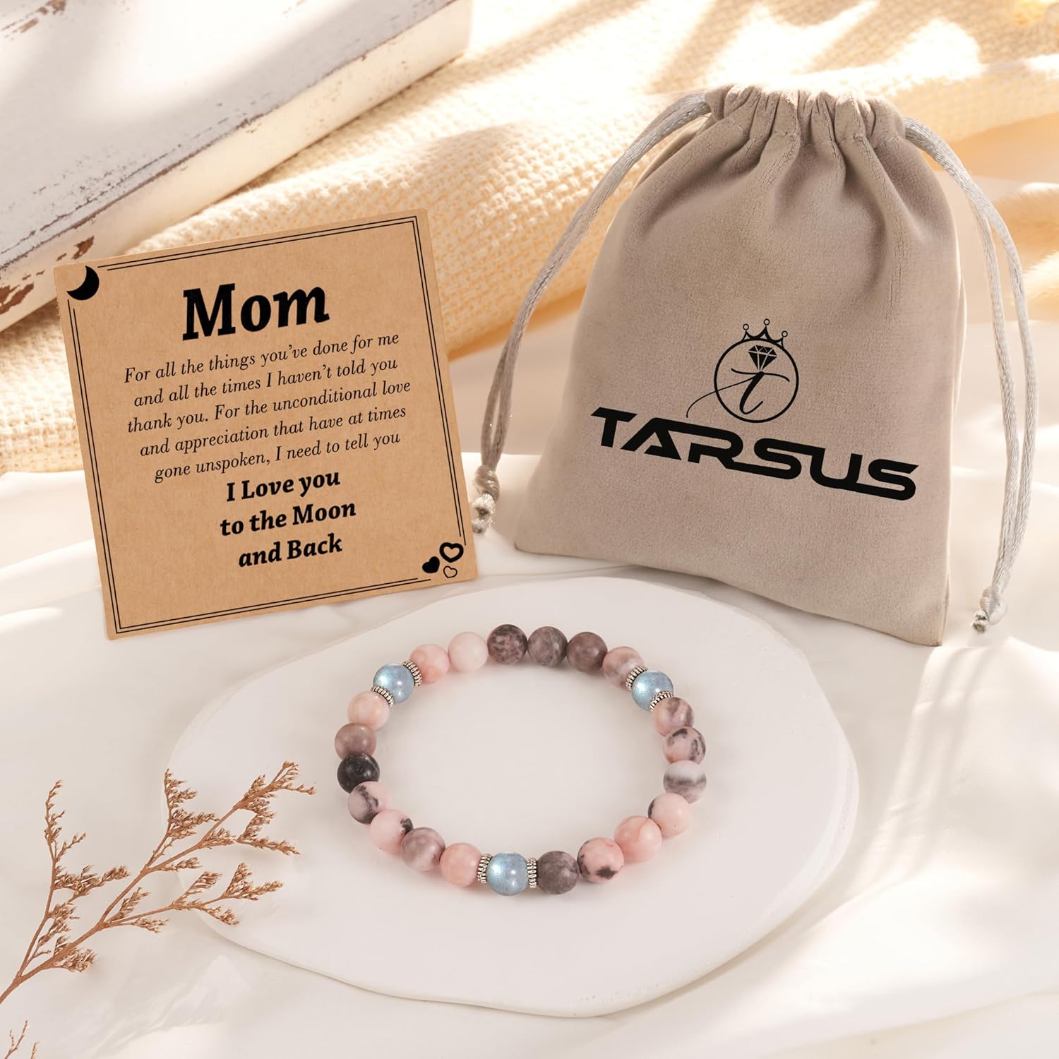 Tarsus Natural Stone Bracelet for MomGrandmaSisterAuntBonus Mom, Moonstone Beads Handmade Bracelet Christmas Birthday Gifts for Women