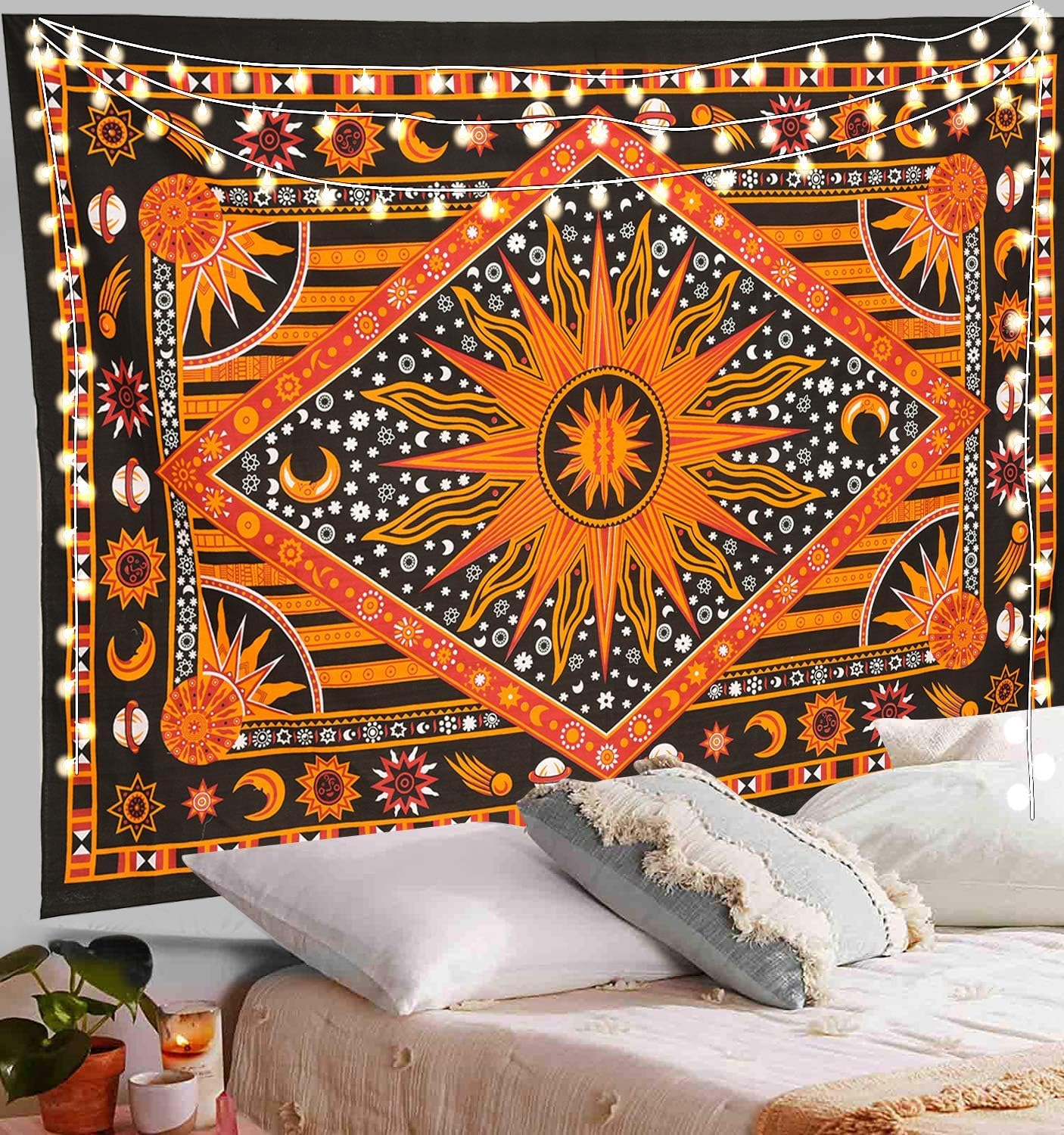 ANJANIYA – Tapiz teñido con amarres, diseño celestial de sol, luna, planeta, bohemio, para colgar en la pared, tapiz bohemio, hippie, playa colcha,