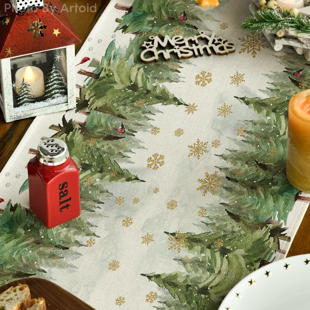 Artoid Mode Camino de mesa de Navidad con copos de nieve y árboles de Navidad, decoración de mesa de comedor para decoración de fiesta en el hogar,