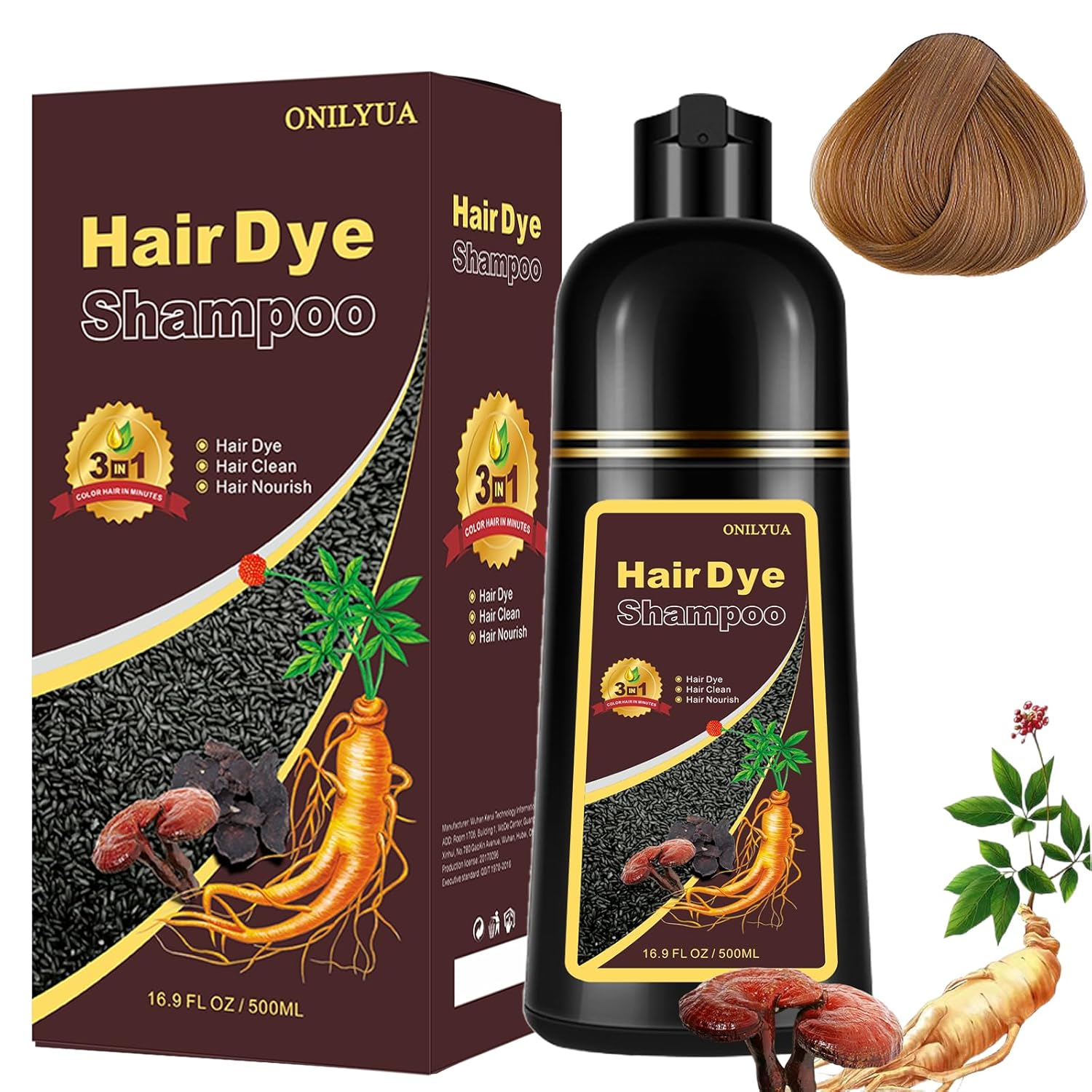 Champú de color castaño rubio – Champú de tinte para cabello castaño instantáneo 3 en 1 para mujeres y hombres, champú marrón a base de hierbas de