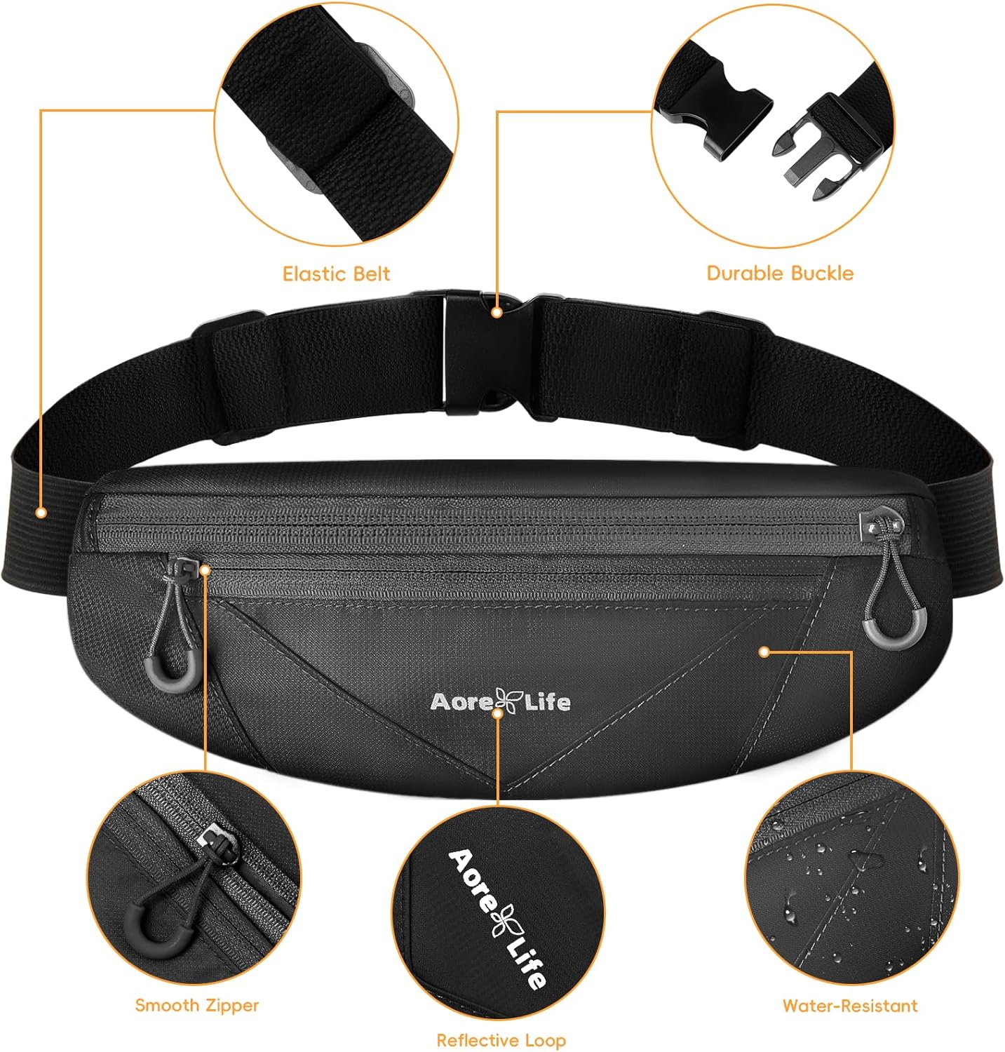 Cinturón para correr, Negro -, Correa corriente de nylon de la tela impermeable, riñonera con la correa ajustable de la cintura