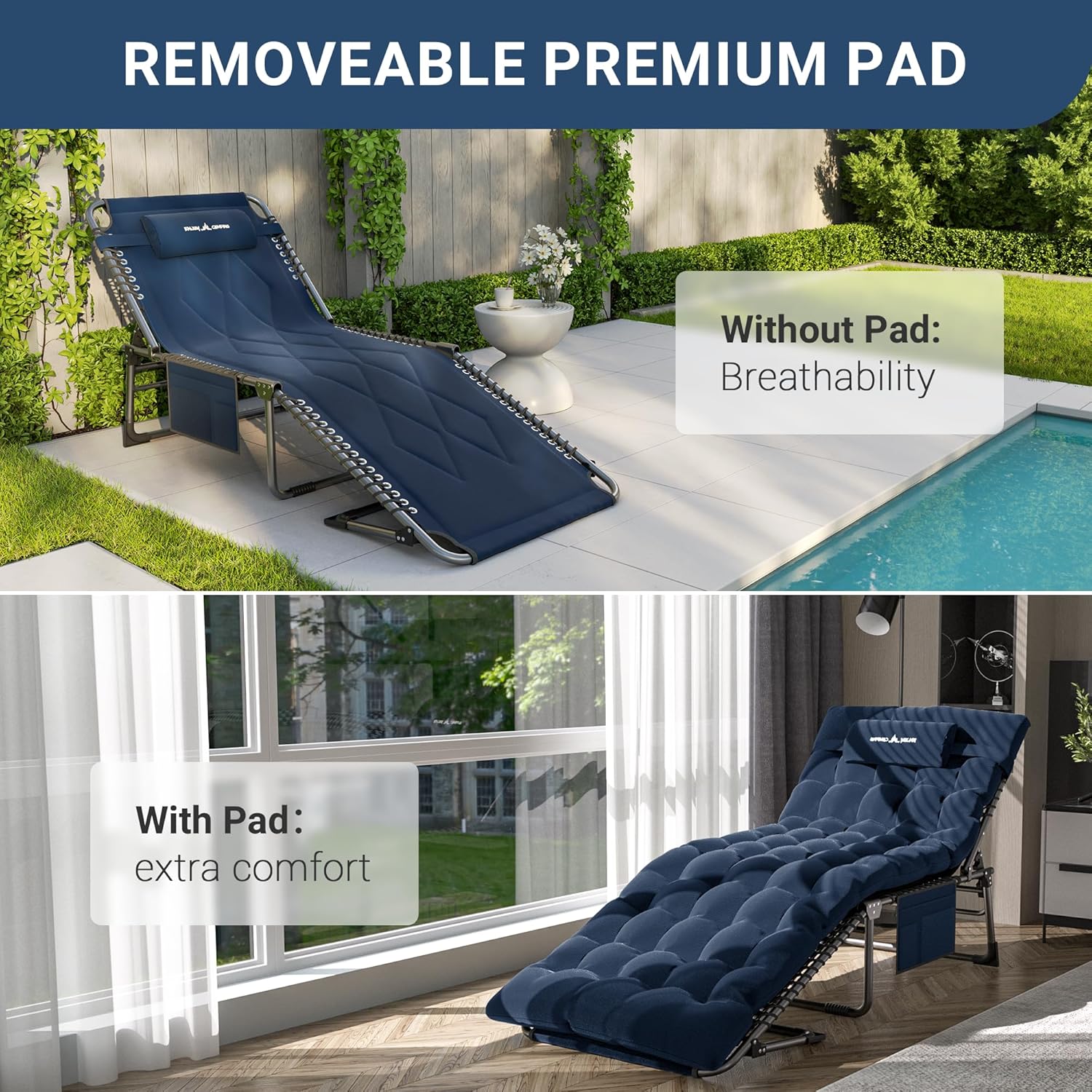 Catre plegable acolchado para adultos con colchón de doble capa ultra cómodo, tumbona portátil de 5 posiciones para exteriores e interiores, cuna de