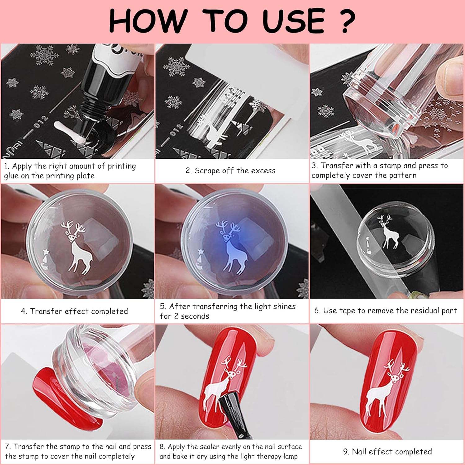 YUNAI Sello de uñas de punta francesa con raspadores  Kit de sello de uñas suave transparente de gelatina de silicona con 2 cabezales de reemplazo,