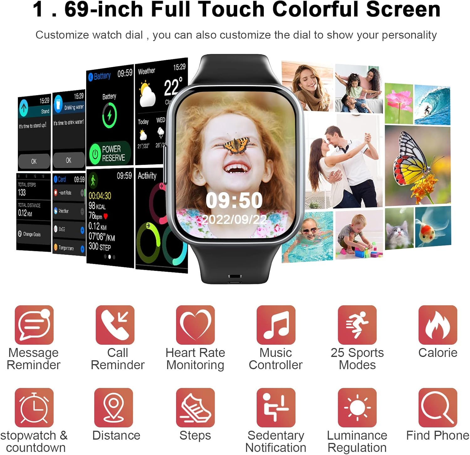 Reloj inteligente, reloj de seguimiento de actividad 2023 para hombres y mujeres, reloj inteligente táctil de 1.69 pulgadas con monitor de