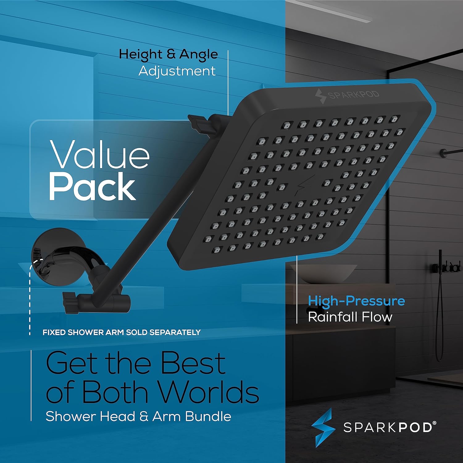 SparkPod Cabezal de ducha de lluvia cuadrado con brazo de extensión de cabezal de ducha, lluvia de alta presión, aspecto moderno de lujo,