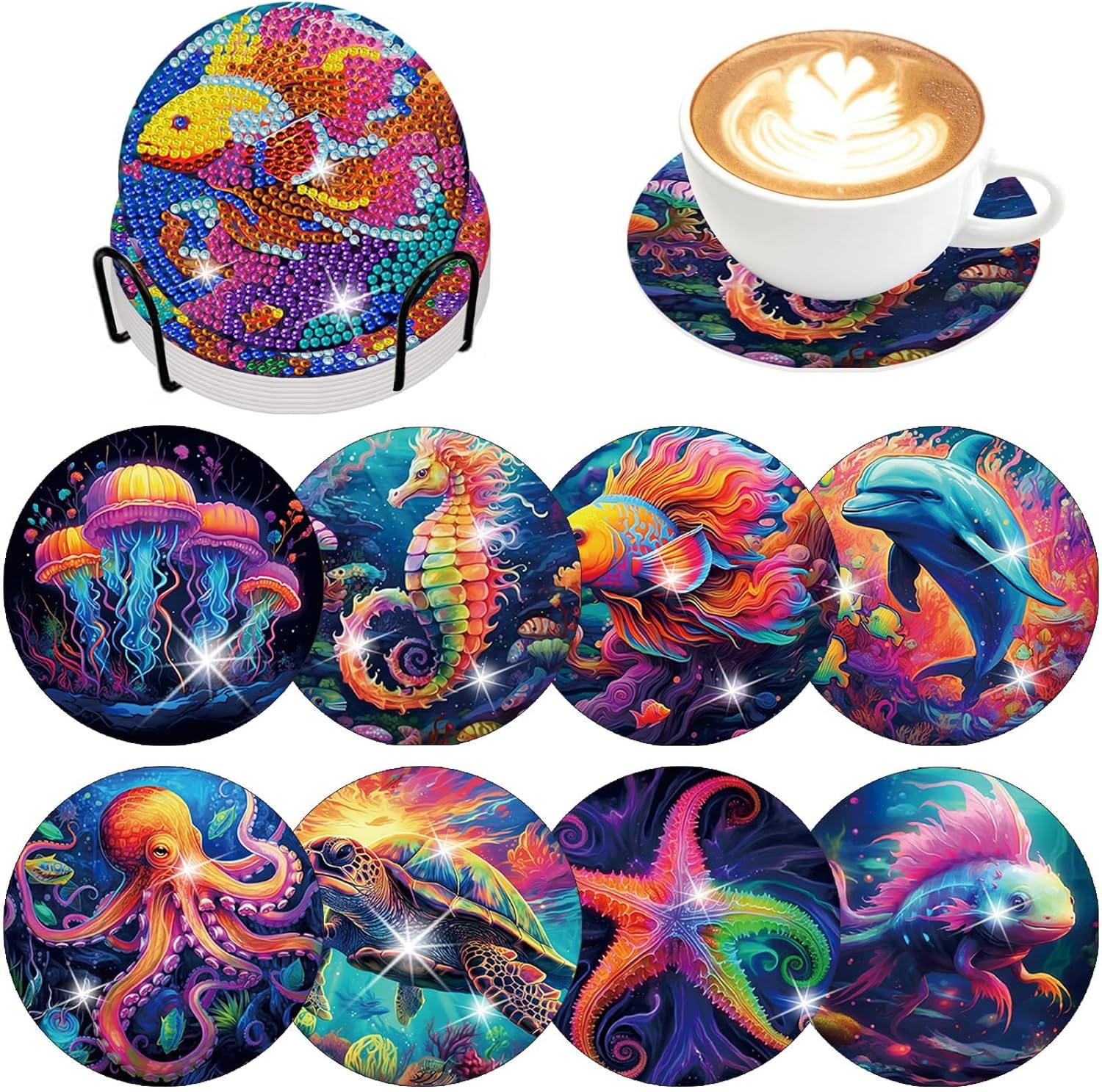 Juego de 8 posavasos de pintura artística de diamantes con soporte para bricolaje criaturas del fondo marino, posavasos de arte de diamante,