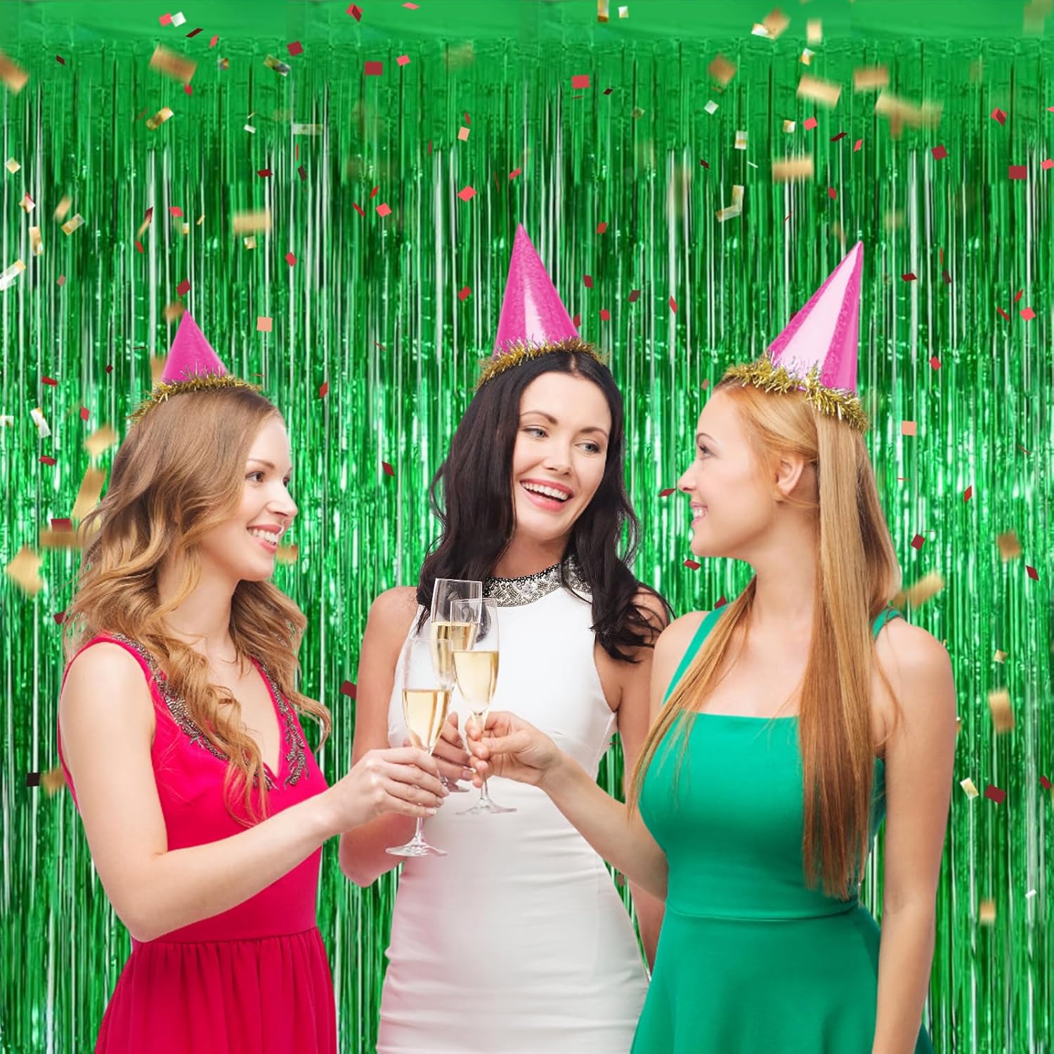 Decoración de fondo verde para fiestas, paquete de 3, 8 x 3.2 pies, decoración de cortina de flecos de papel de aluminio verde, perfecta para
