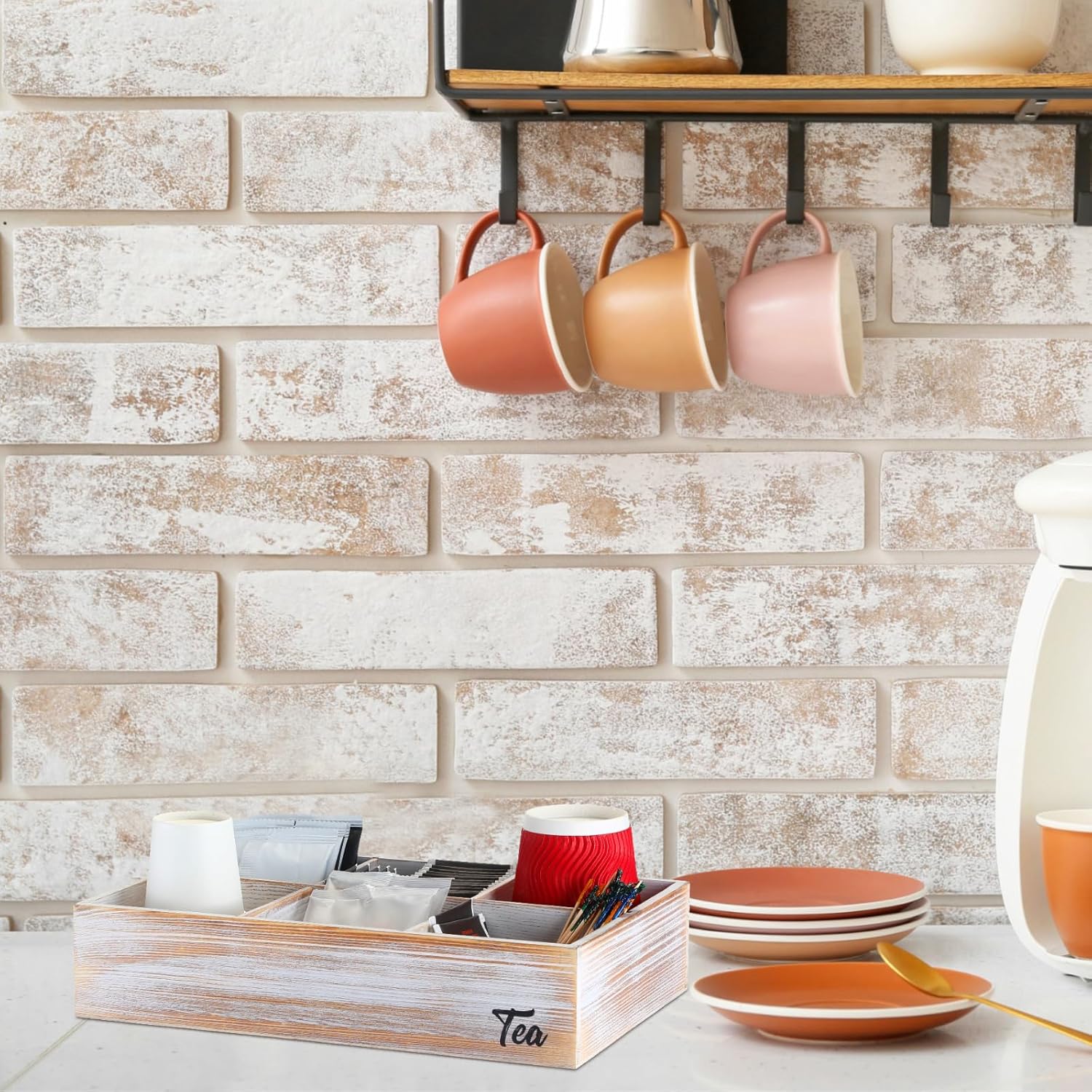 2 soportes de madera para bolsitas de té con 6 compartimentos, soporte para paquetes de azúcar de madera encalada, organizador de bolsas de té para