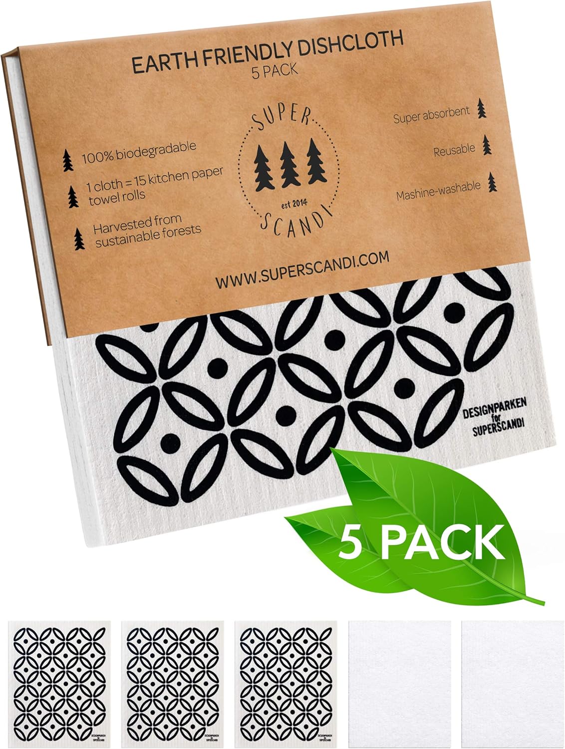 SUPERSCANDI Paquete de 5 paños de cocina suecos para cocina, 100% biodegradables y compostables, reutilizables, lavables, seguros para alimentos y