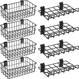 Juego de 8 cestas de Slatwall, 4 cestas de metal ventiladas, cestas montadas en pared, 4 estantes colgantes de pared de Slatwall, accesorios para Juego de 8 cestas de Slatwall, 4 cestas de metal ventiladas, cestas montadas en pared, 4 estantes colgantes de pared de Slatwall, accesorios para