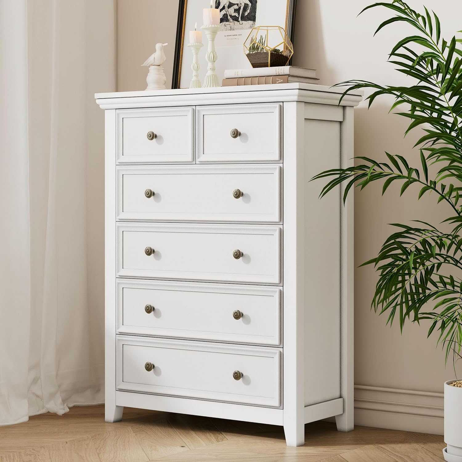 Cómoda blanca para dormitorio, cómoda de 6 cajones, mesita de noche alta con cajones profundos, armario moderno con cajones para pasillo, sala de