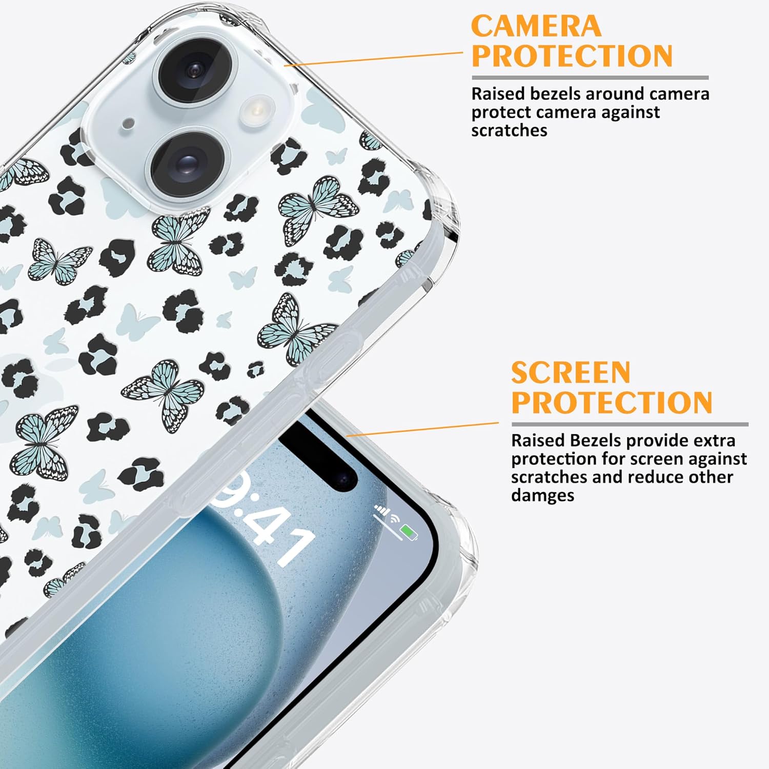 MSEAANBK Funda transparente con manchas de leopardo azul, diseñada para iPhone 15, diseño de mariposa azul, a la moda para niñas y mujeres, 4