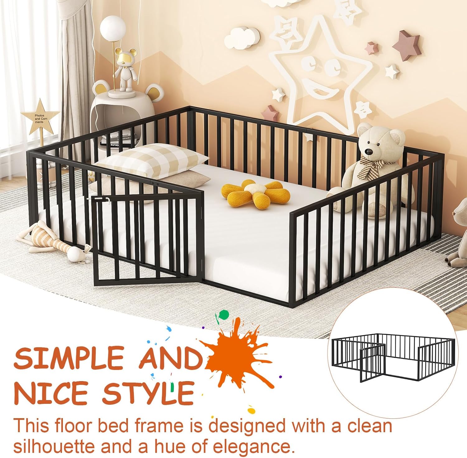 Cama de suelo de metal Queen, marco de metal resistente con valla y puerta, ideal para transición Montessori
