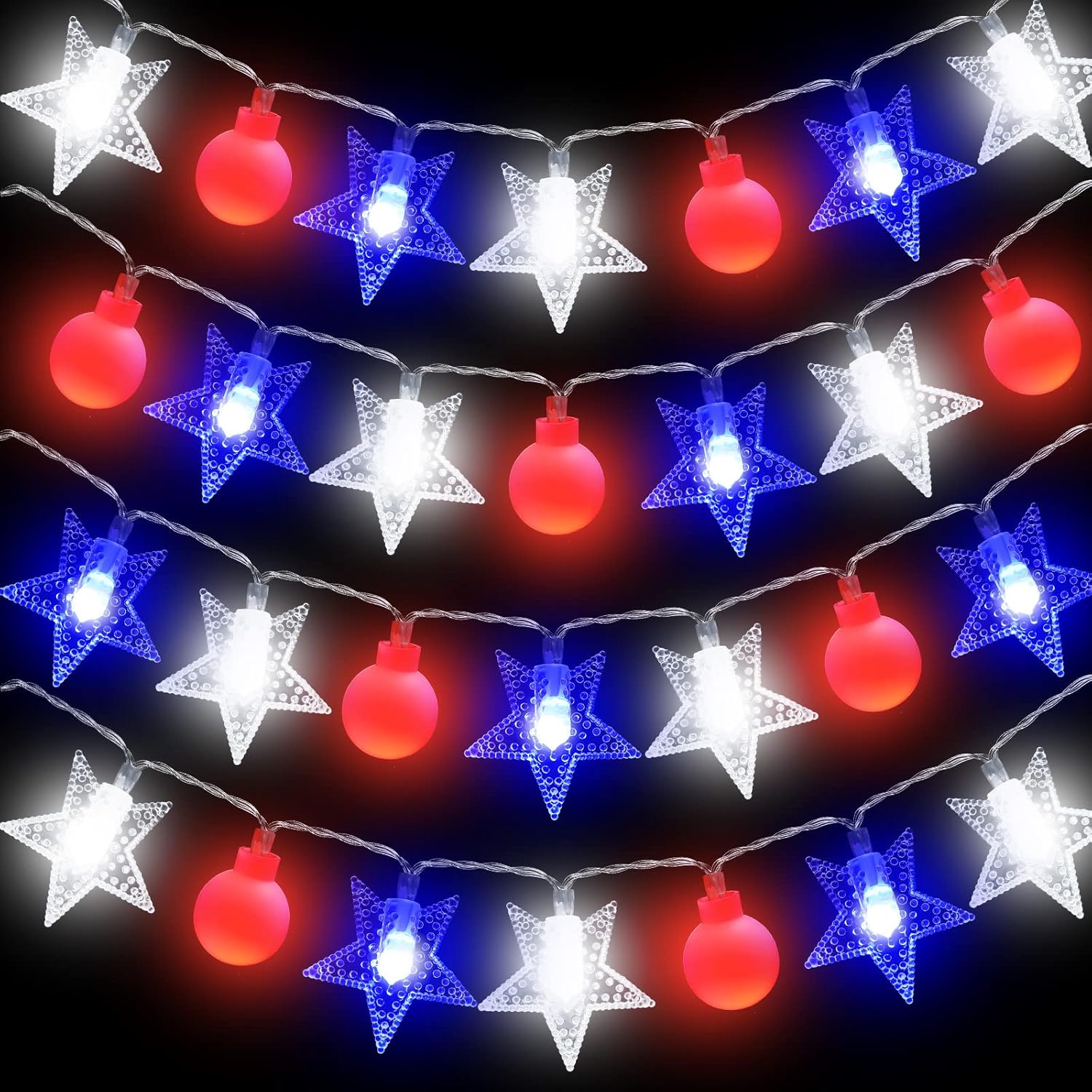 Decoraciones del 4 de julio, luces rojas, blancas y azules, 20 pies, 40 luces LED con batería LED, decoraciones de calabaza, bola de hada, tira de