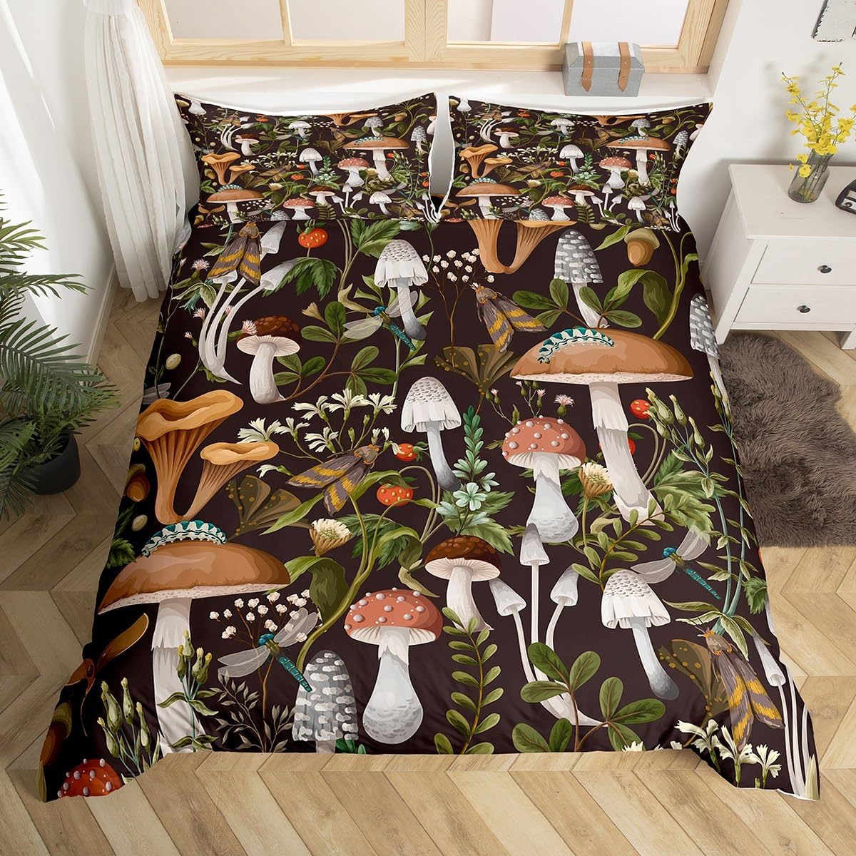 Castle Fairy Juego de funda de edredón de hongos, tamaño King, 3 piezas, diseño de hojas botánicas de acuarela, bonito juego de ropa de cama de